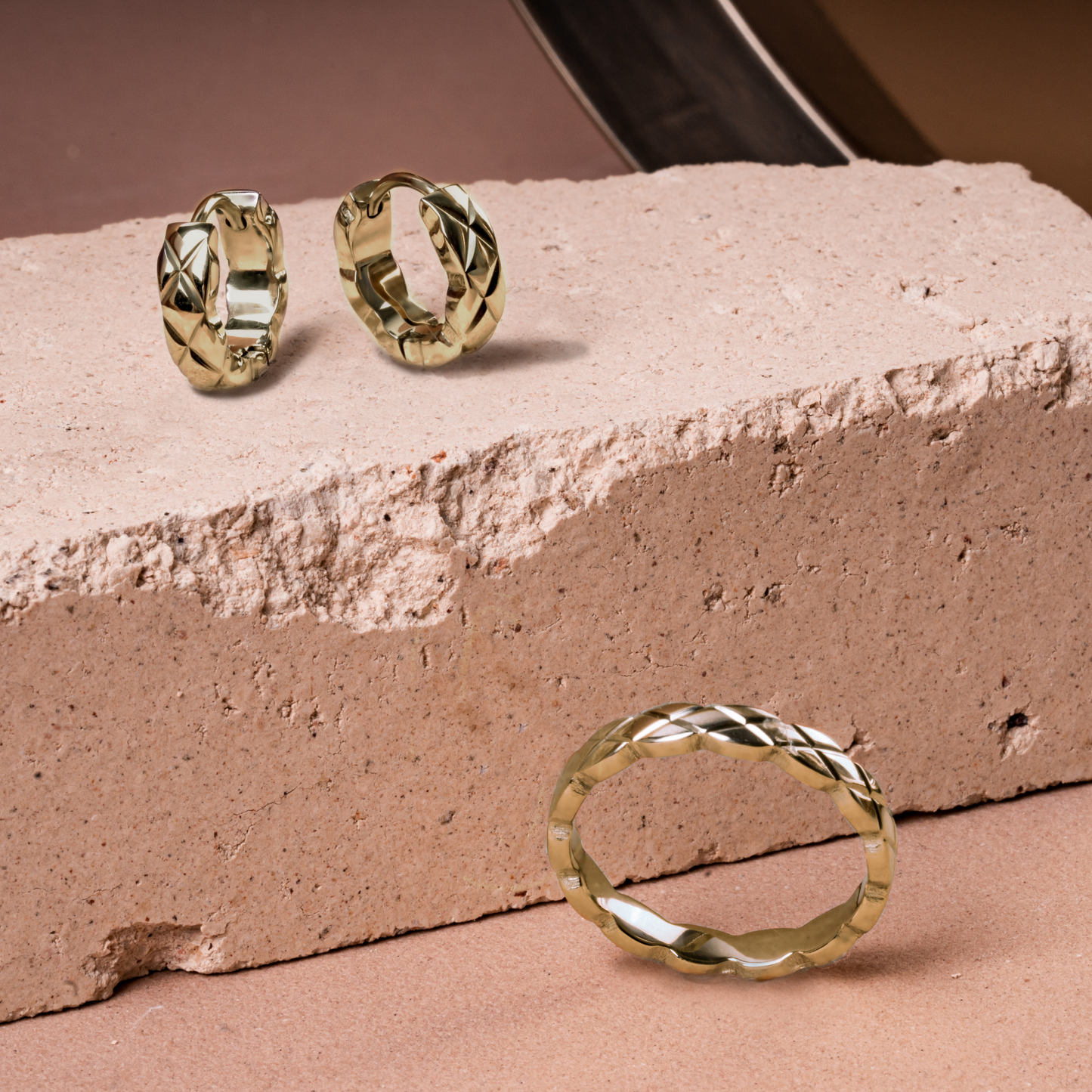 Gold alternative quilted earring and ring duo skin safe high quality stainless steel MIA JWL