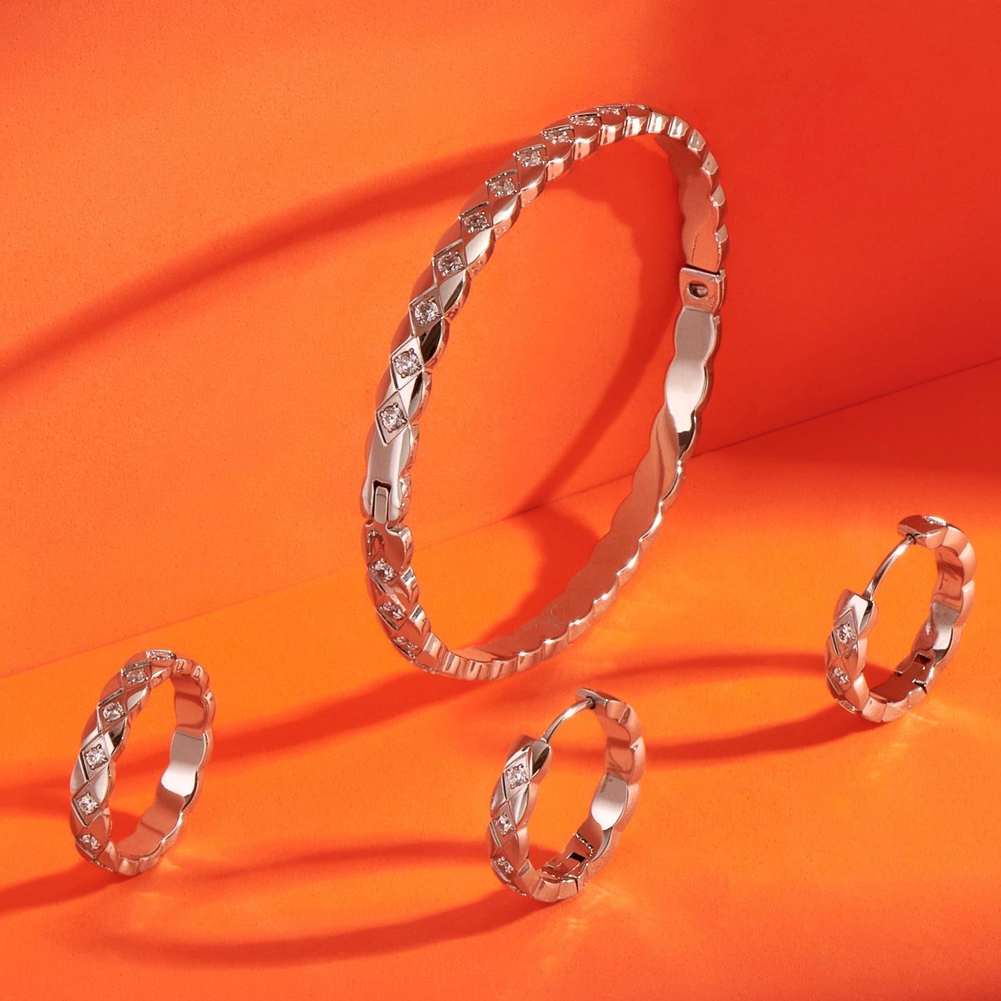 Stainless Steel diamond pattern bangle bracelet earrings stones acier inoxydable rigide boucles d'oreilles losanges pierres argent MIA