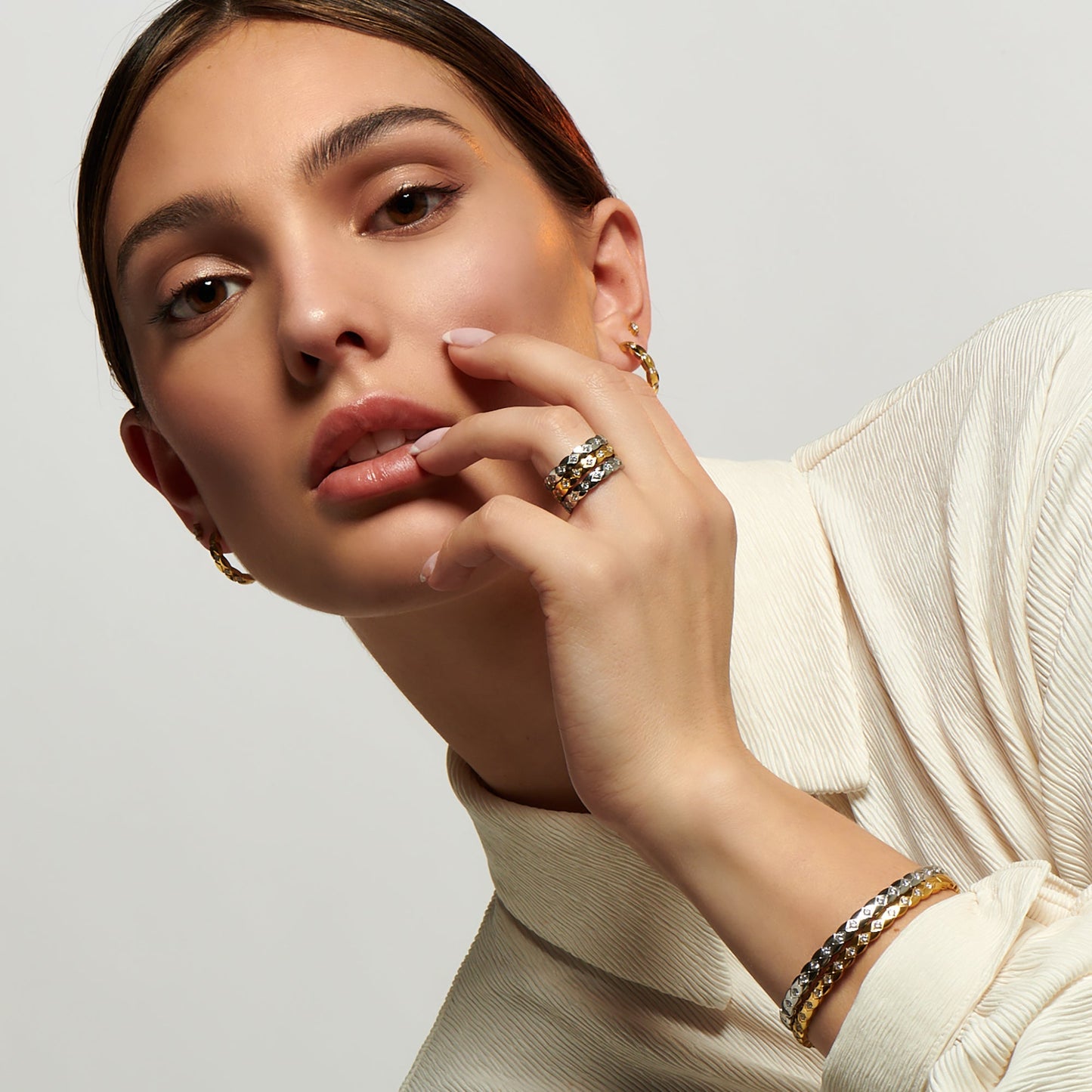 Stainless steel check pattern with stones set silver and gold acier inoxydable ensemble chic losanges avec pierres argent et or MIA