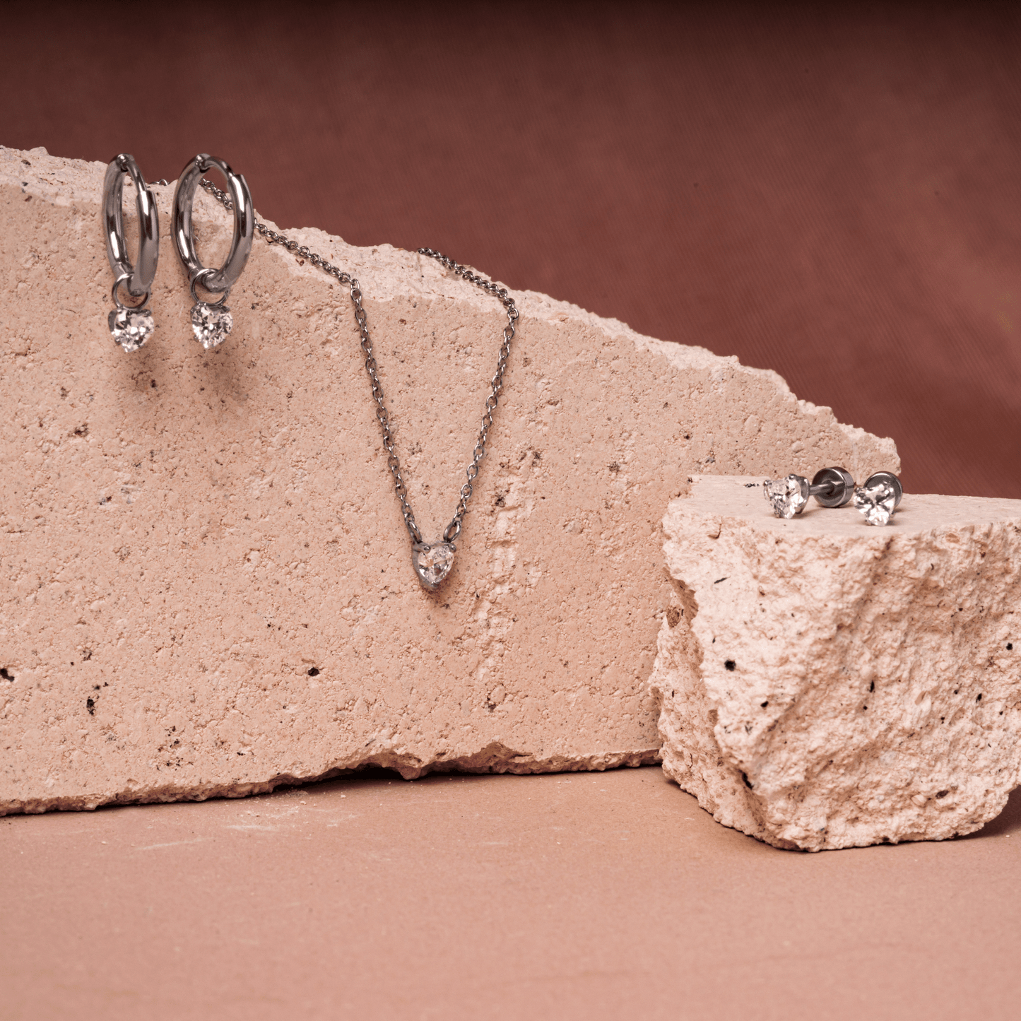 Ensemble bijoux en forme de coeur avec pierres acier inoxydable durable argent sans danger pour la peau Mia Bijoux