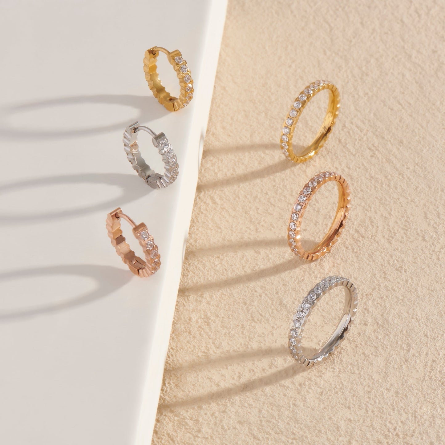 Stainless steel eternity chic ring and earrings set available in 3 colors ensemble éternité chic acier inoxydable 3 couleurs or argent bague et boucles d'oreilles acier inox MIA Bijoux