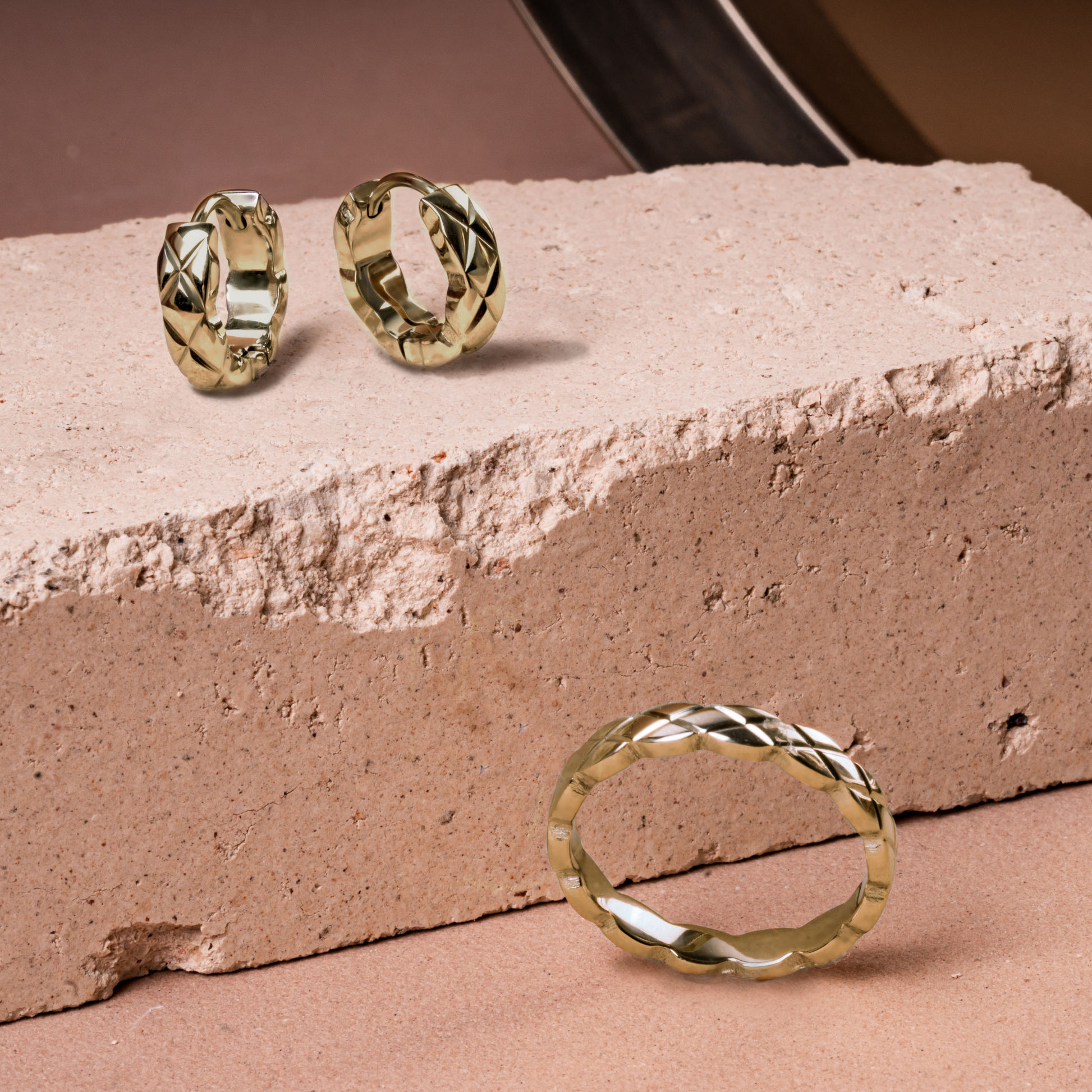 Gold alternative quilted earring and ring duo skin safe high quality stainless steel MIA JWL