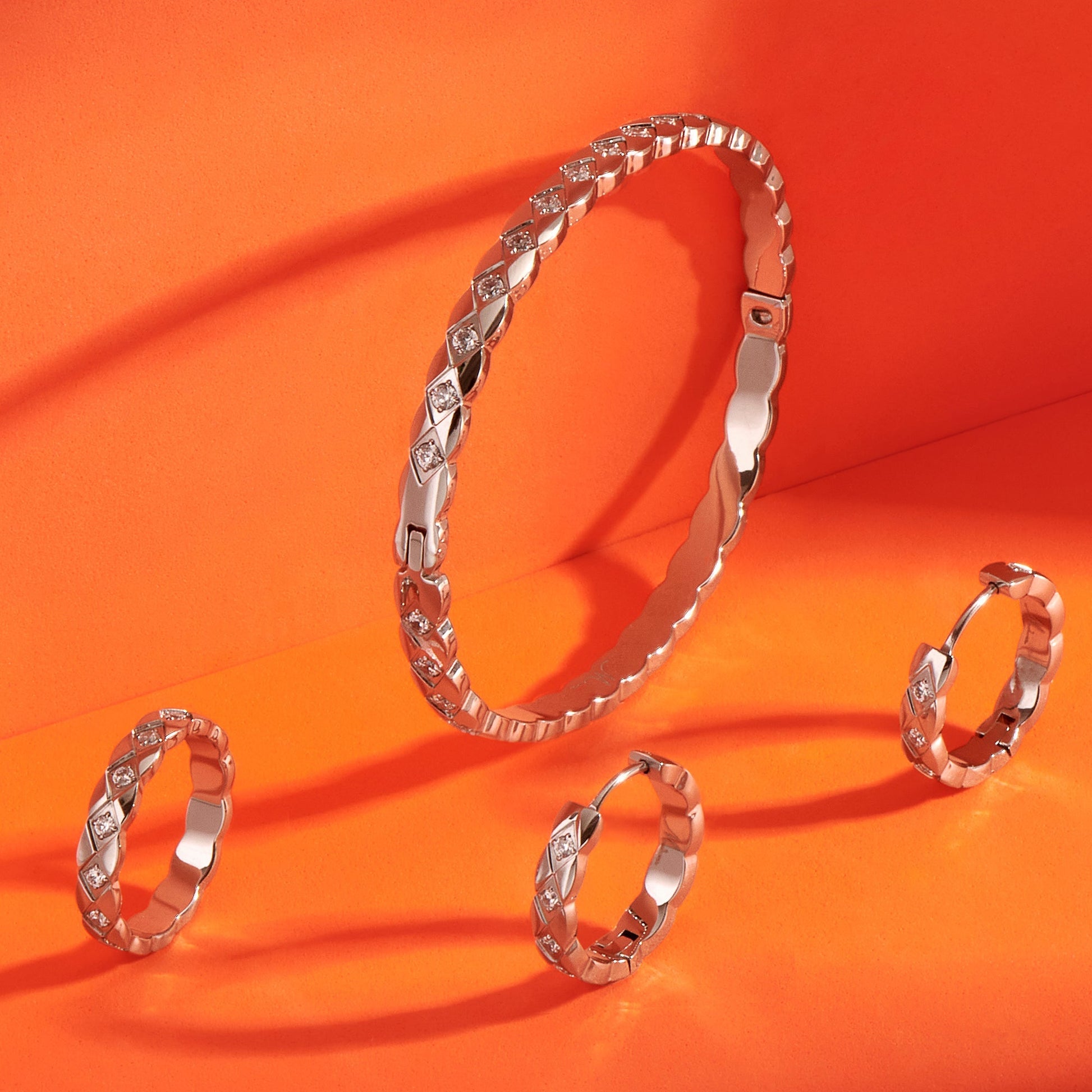 Stainless Steel diamond pattern bangle bracelet earrings stones acier inoxydable rigide boucles d'oreilles losanges pierres argent MIA