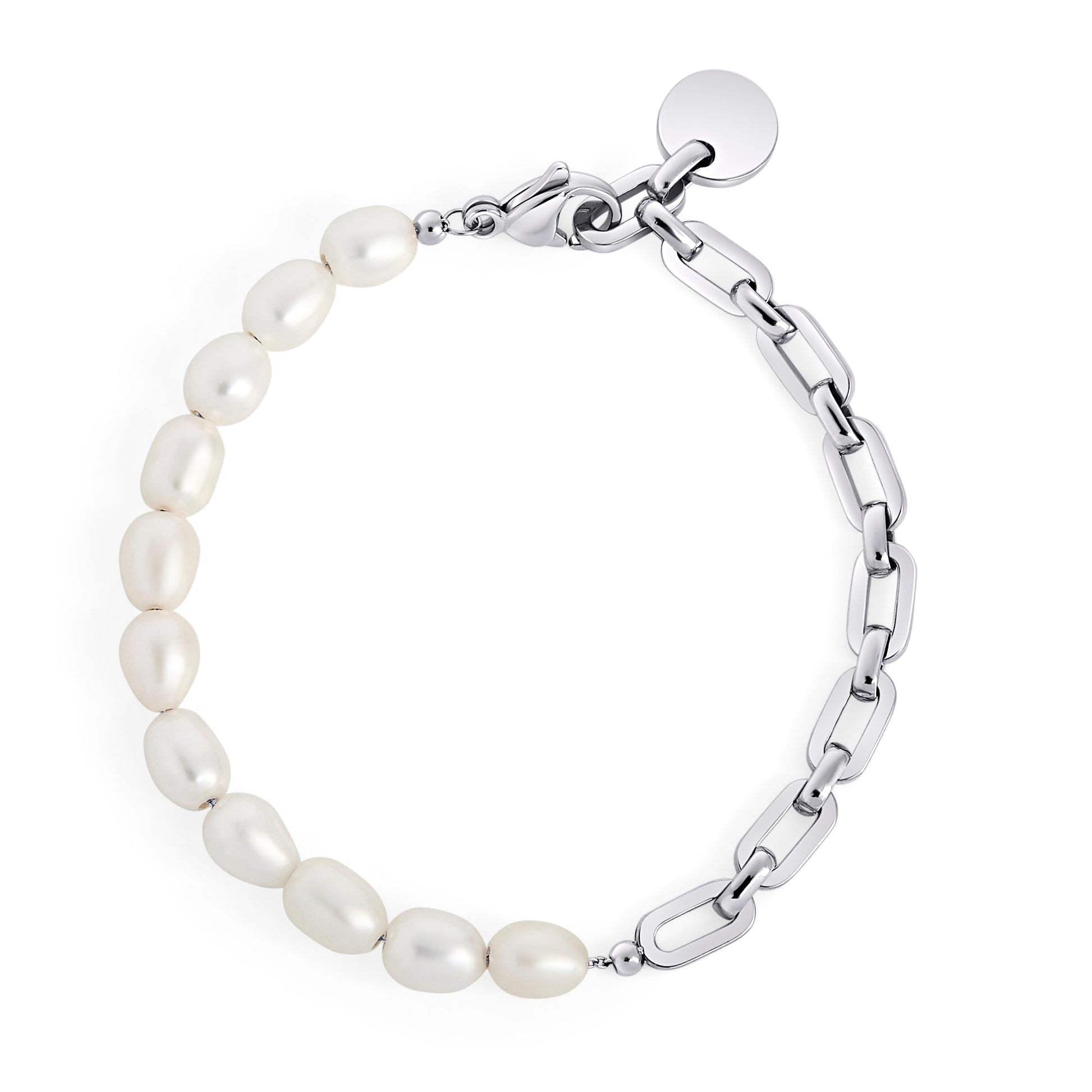 Stainless steel bracelet with half links chain and half freshwater pearls mailles et perles d'eau douce véritables argent acier inox MIA