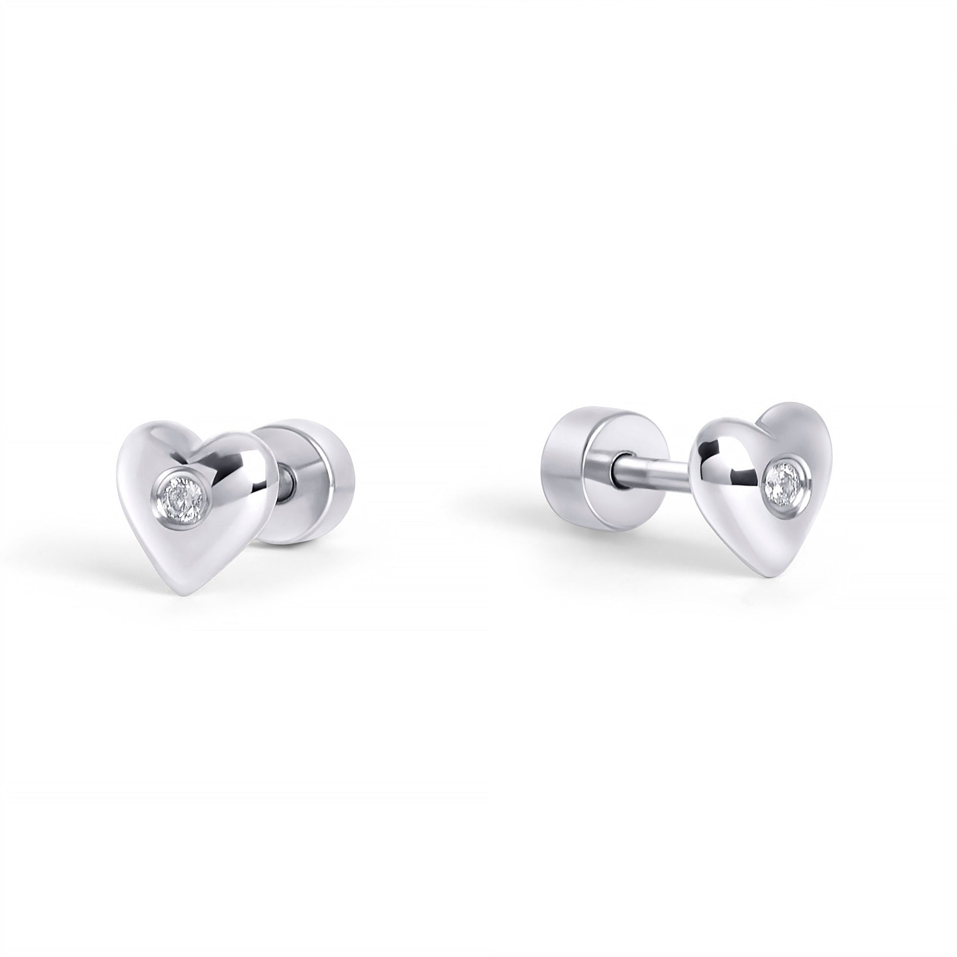 Silver heart with tiny cz stone studs earrings stainless steel MIAJWL boucles d'oreilles fixes coeur avec petites pierres acier inoxydable argent Mia Bijoux