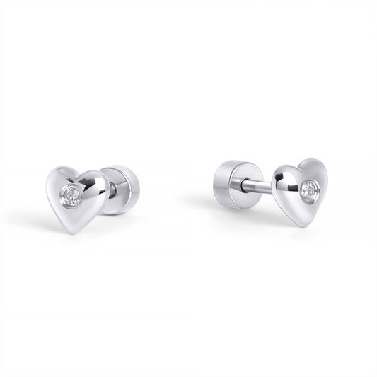 Silver heart with tiny cz stone studs earrings stainless steel MIAJWL boucles d'oreilles fixes coeur avec petites pierres acier inoxydable argent Mia Bijoux