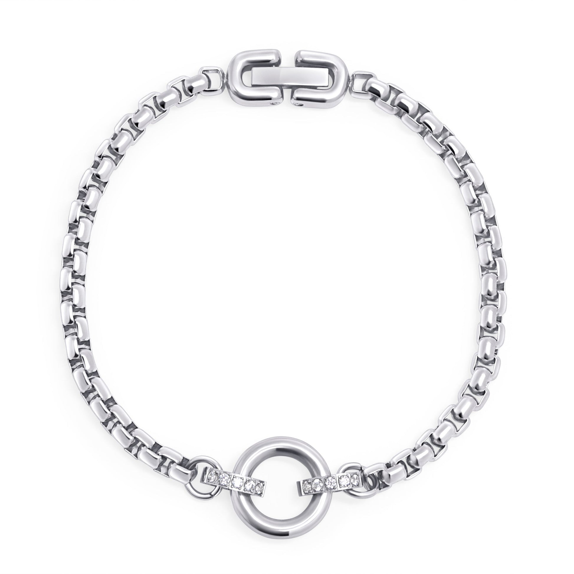 Skin friendly stainless steel box chain bracelet with big circle and tiny cz MIAJWL bracelet vénitien grand cercle petites pierres acier inoxydable sans danger pour la peau Mia Bijoux