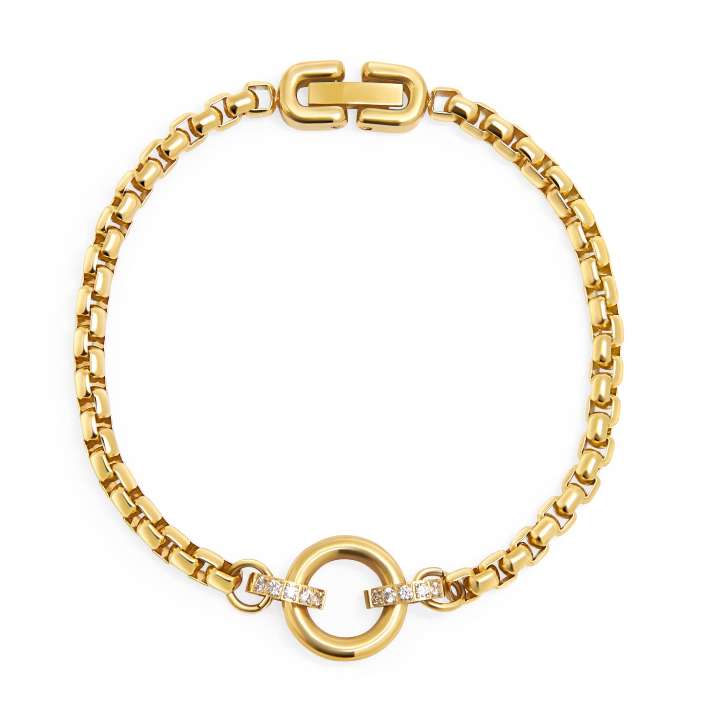 no allergy gold stainless steel venitian chain bracelet with big circle and tiny stones MIAJWL bracelet chaine cubique grand cercle petites pierres acier inoxydable or aucune allergie Mia Bijoux
