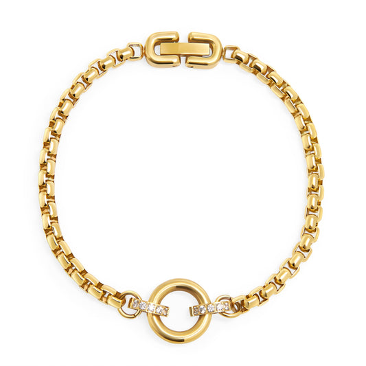 no allergy gold stainless steel venitian chain bracelet with big circle and tiny stones MIAJWL bracelet chaine cubique grand cercle petites pierres acier inoxydable or aucune allergie Mia Bijoux