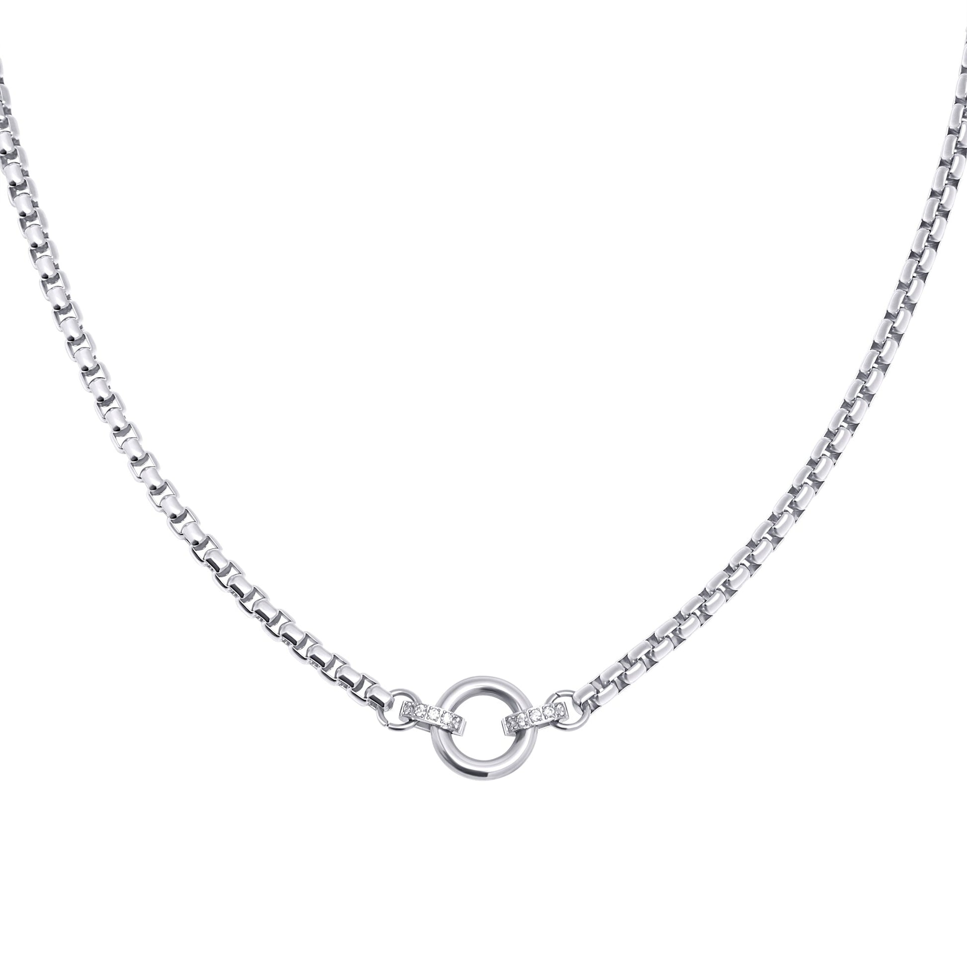 Skin friendly stainless steel box chain necklace with big circle and tiny cz MIAJWL collier vénitien grand cercle petites pierres acier inoxydable sans danger pour la peau Mia Bijoux 