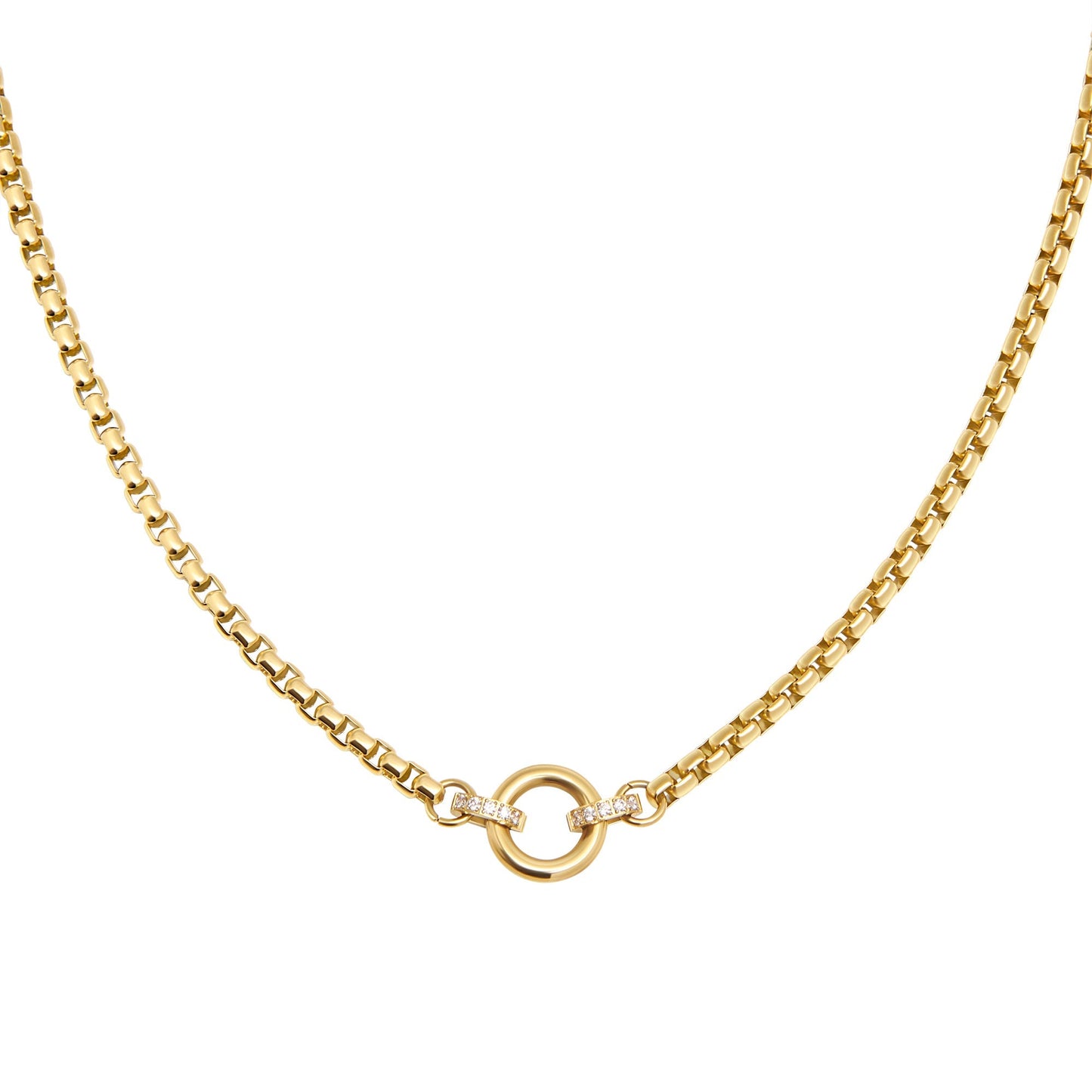 gold stainless steel venitian chain necklace with big circle and tiny stones MIAJWL collier chaine cubique grand cercle petites pierres acier inoxydable or Mia Bijoux