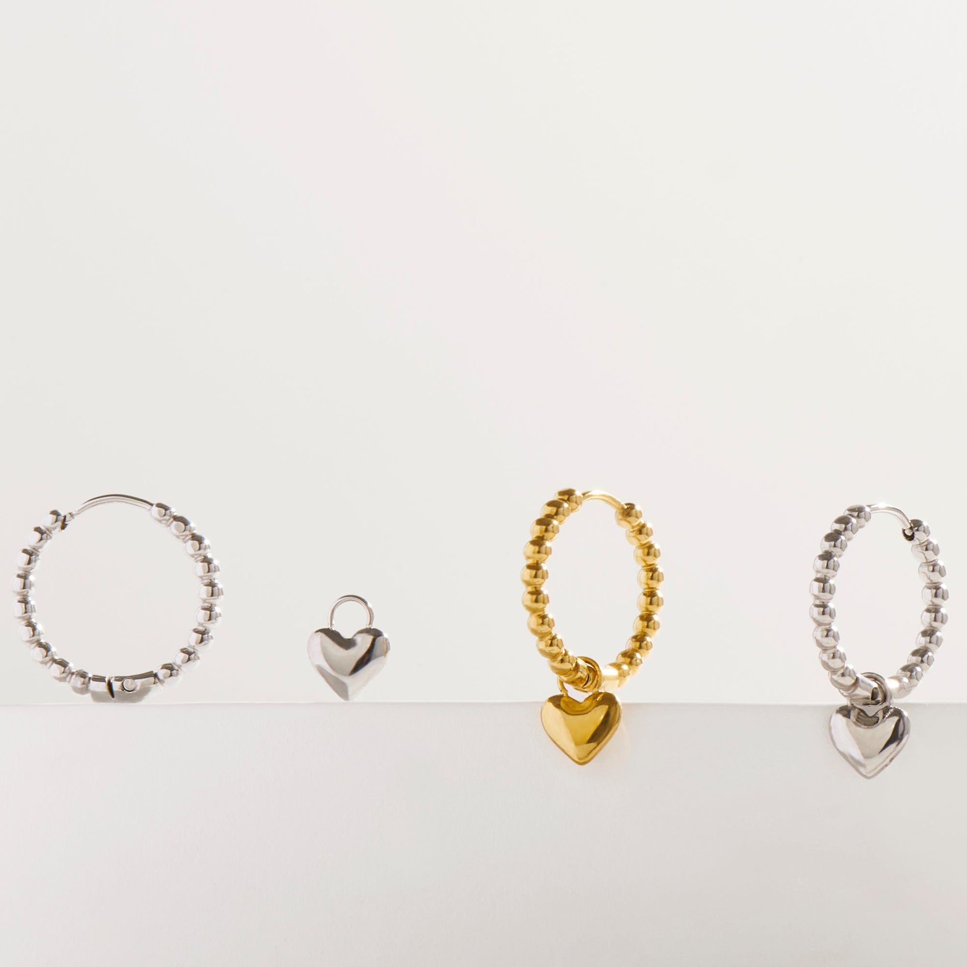 Stainless steel 2 in 1 beaded earrings with heart charms boucles d'oreilles anneaux billes convertibles avec breloques coeur acier inoxydable MIAJWL