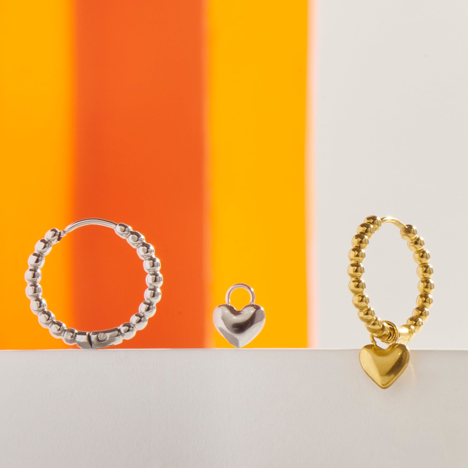 Stainless steel 2 in 1 beaded earrings with heart charms boucles d'oreilles anneaux billes convertibles avec breloques coeur acier inoxydable MIAJWL