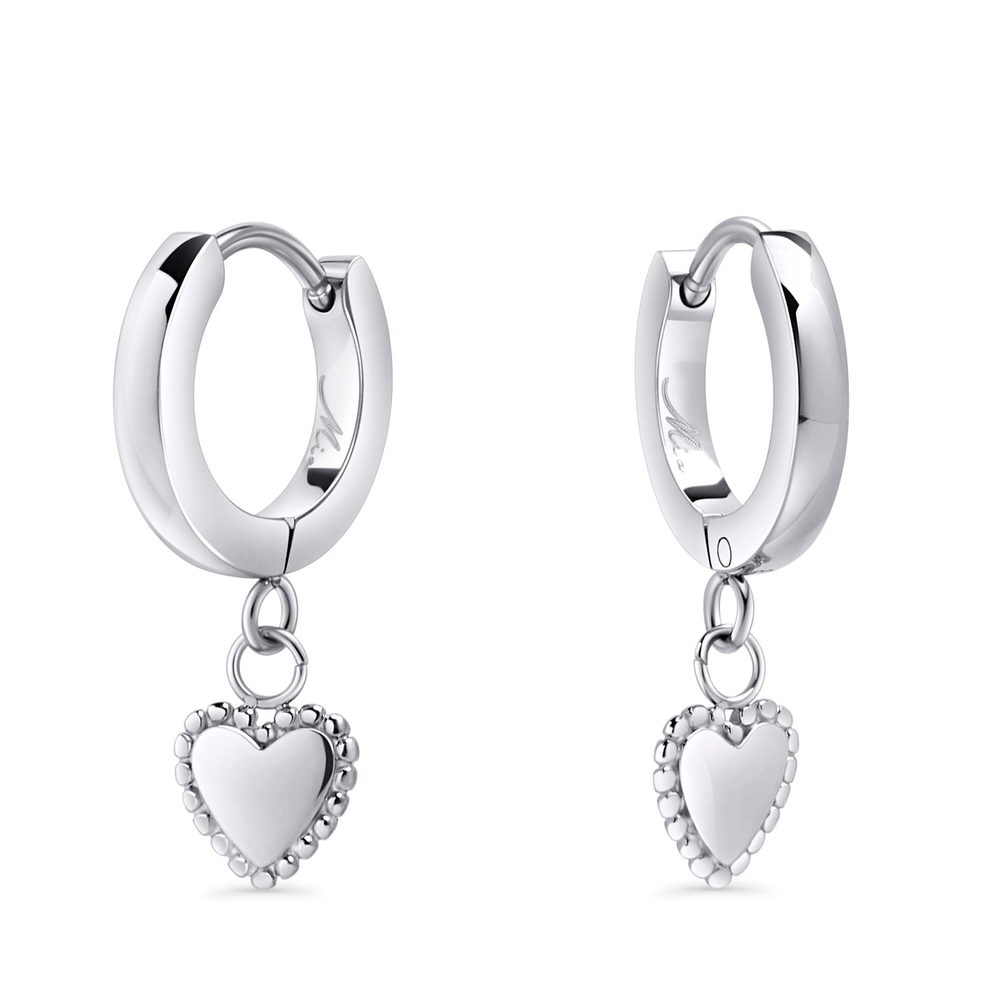 Cute stainless steel huggie with pendant hearts and beads comfortable waterproof huggie earrings MIAJWL Boucles d'oreilles dormeuses coeurs pendants et billes peau sensible acier inoxydable Mia Bijoux