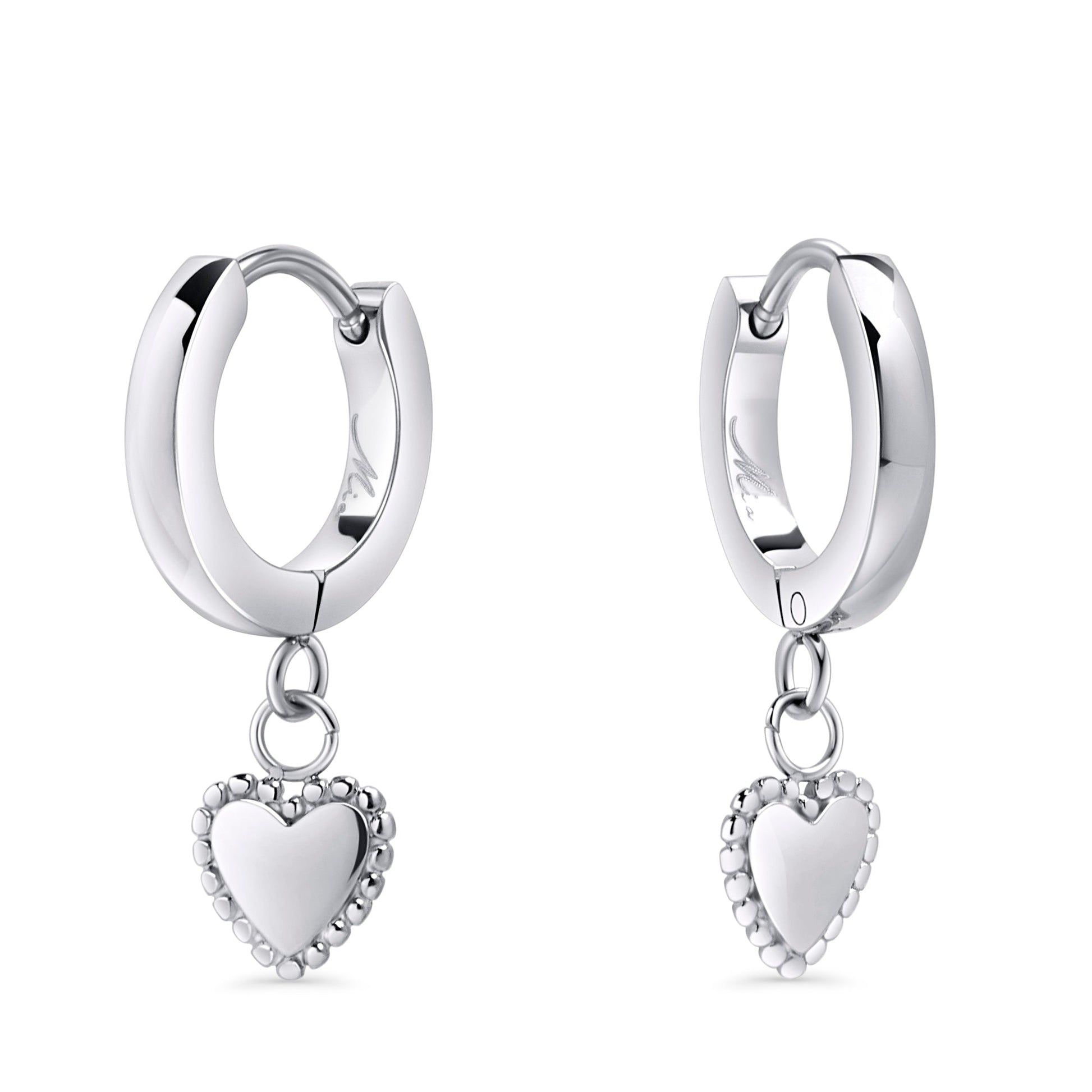 Cute stainless steel huggie with pendant hearts and beads comfortable waterproof huggie earrings MIAJWL Boucles d'oreilles dormeuses coeurs pendants et billes peau sensible acier inoxydable Mia Bijoux