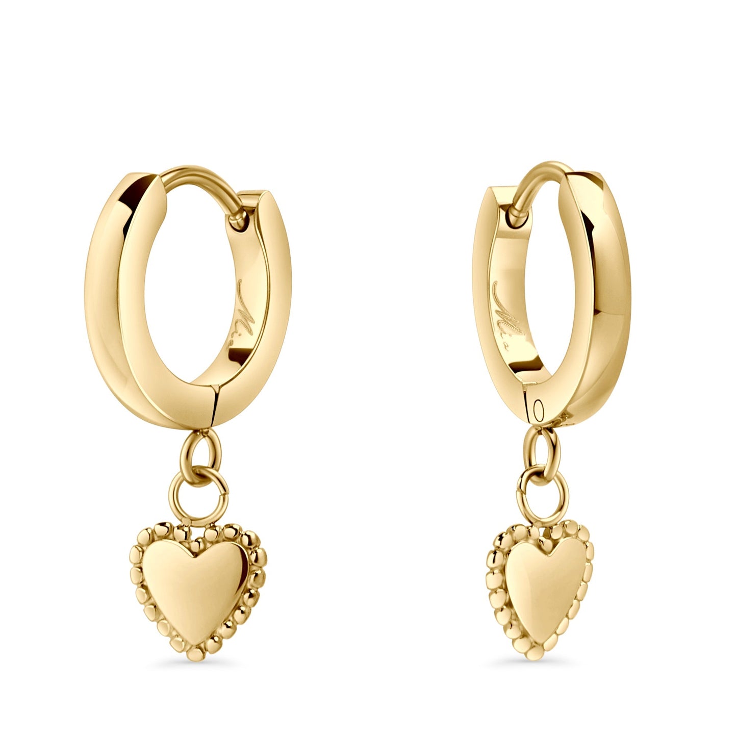 Cute gold heart pendant stainless steel made to last huggie earrings MIAJWL Boucles d'oreilles dormeuses pendentif coeur et billes acier inoxydable or confortable Mia Bijoux