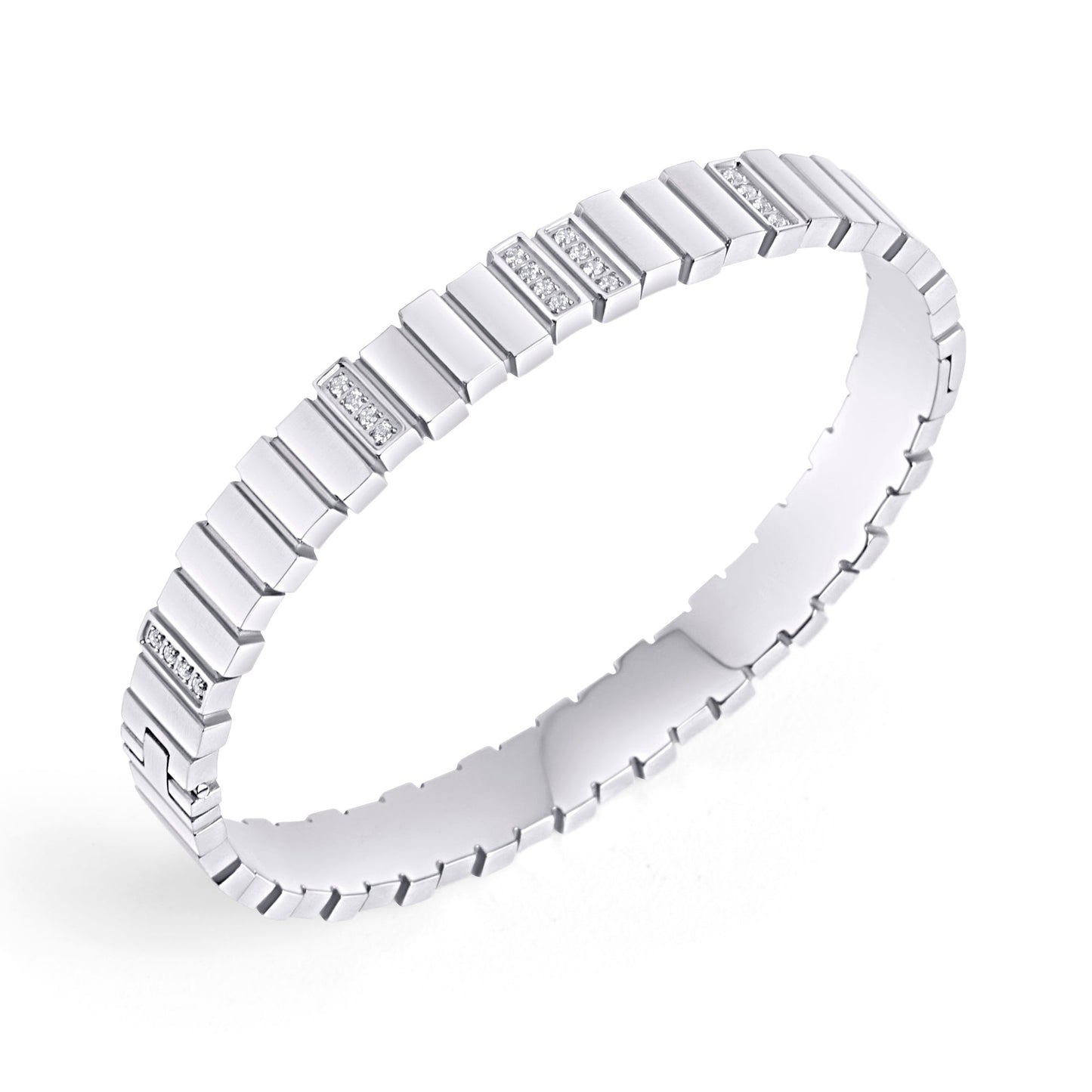 silver stainless steel rectangle bangle bracelet with tiny cz MIAJWL bracelet rigide acier inoxydable argent petites pierres Mia Bijoux 