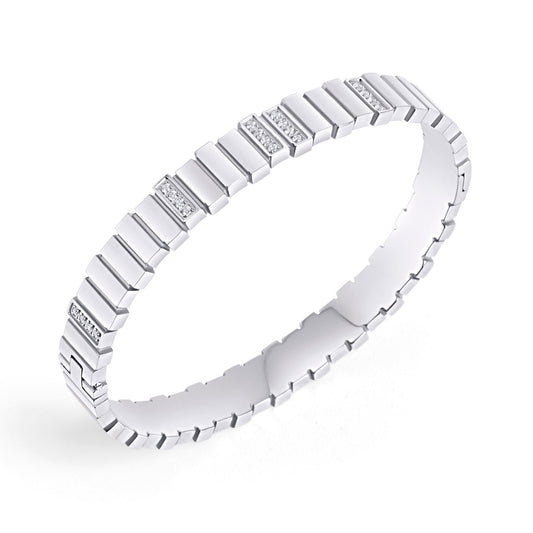 silver stainless steel rectangle bangle bracelet with tiny cz MIAJWL bracelet rigide acier inoxydable argent petites pierres Mia Bijoux 