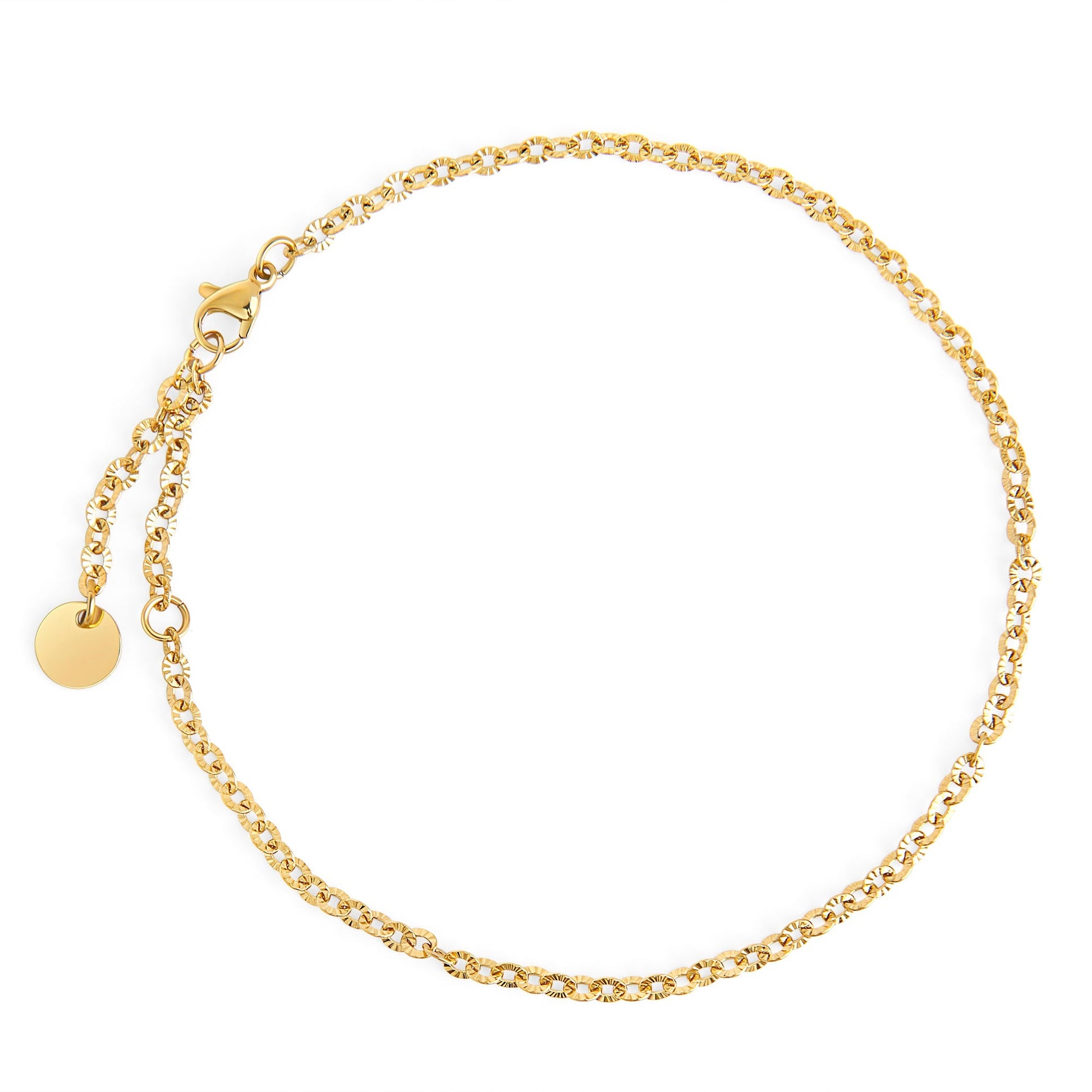 Chaîne de cheville mailles coupes diamants rondes acier inoxydable or sécuritaire pour peau sensible Mia Bijoux