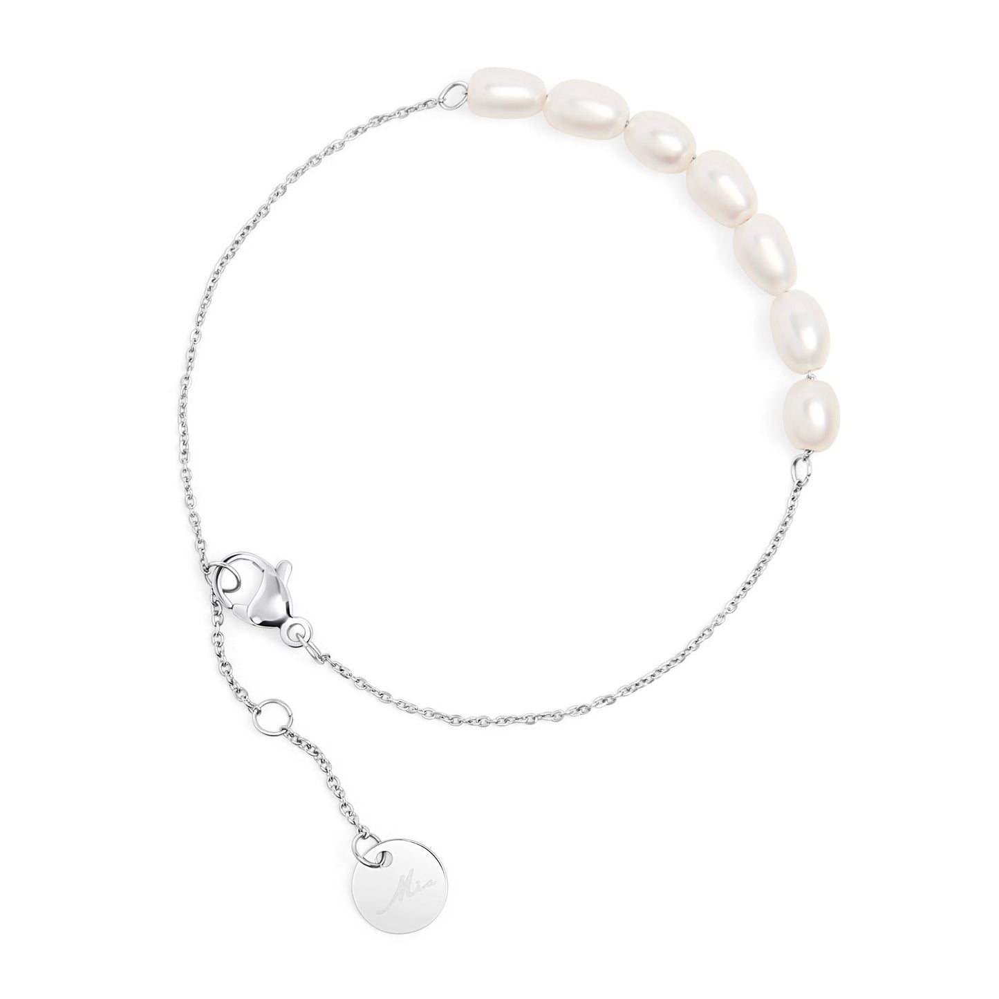 Waterproof silver bracelet with row of real freshwater pearls MIAJWL bracelet acier inoxydable argent à l'épreuve de l'eau avec rang de vraies perles d'eau douce Mia Bijoux
