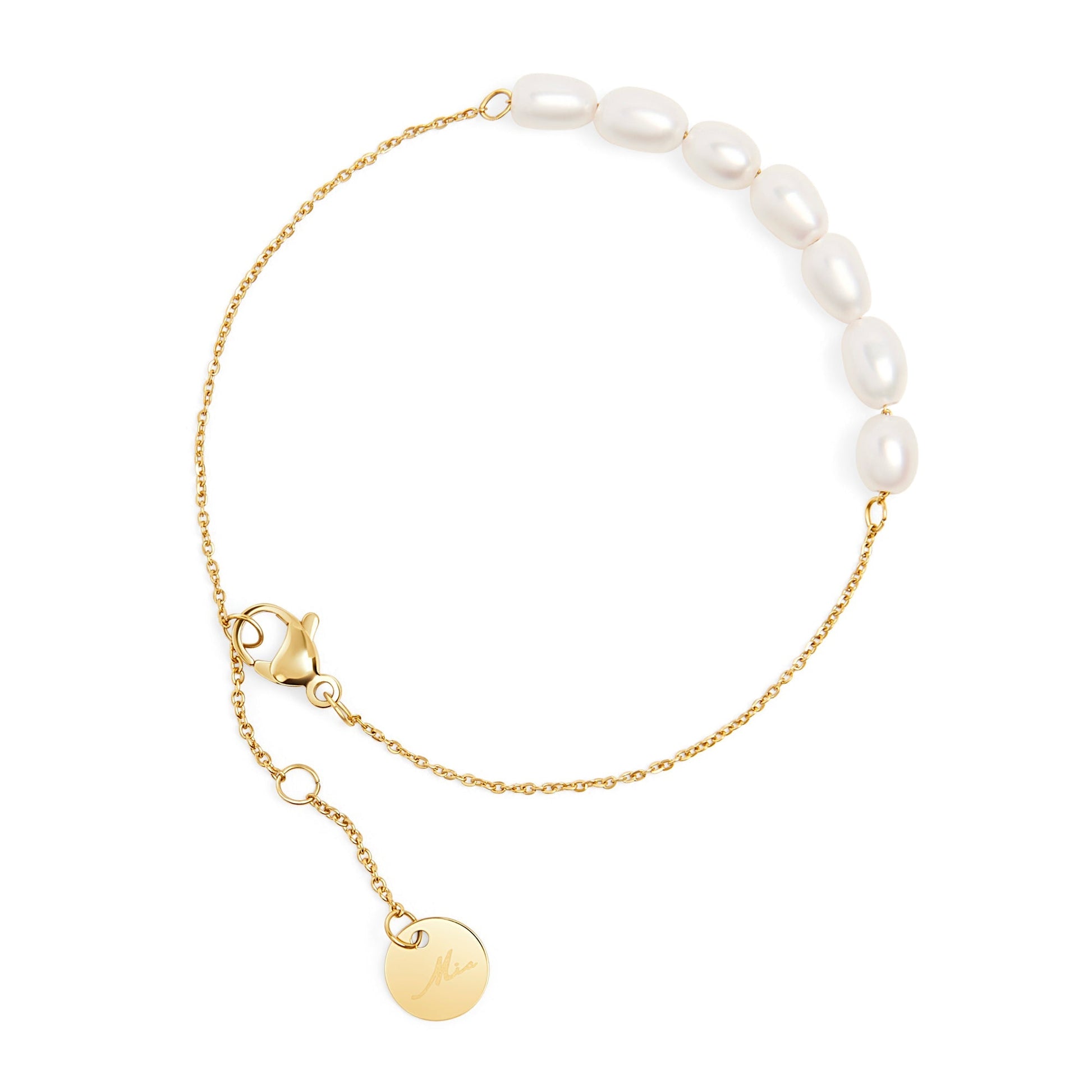 no allergy gold stainless steel bracelet with row of floating pearls MIAJWL bracelet acier inoxydable avec rang de vraies perles aucune allergie Mia Bijoux
