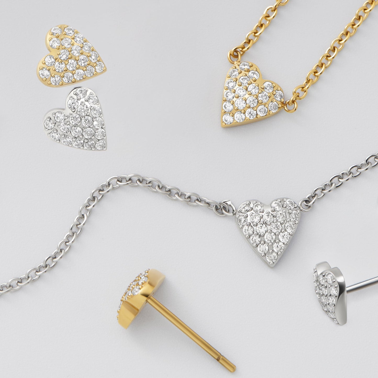 Sustainable set of pavé CZ heart stainless steel pendant necklace stud earrings and bracelet collier pendentif et boucle d'oreilles fixes coeur pavé de zircons acier inoxydable aucune allergie MIAJWL