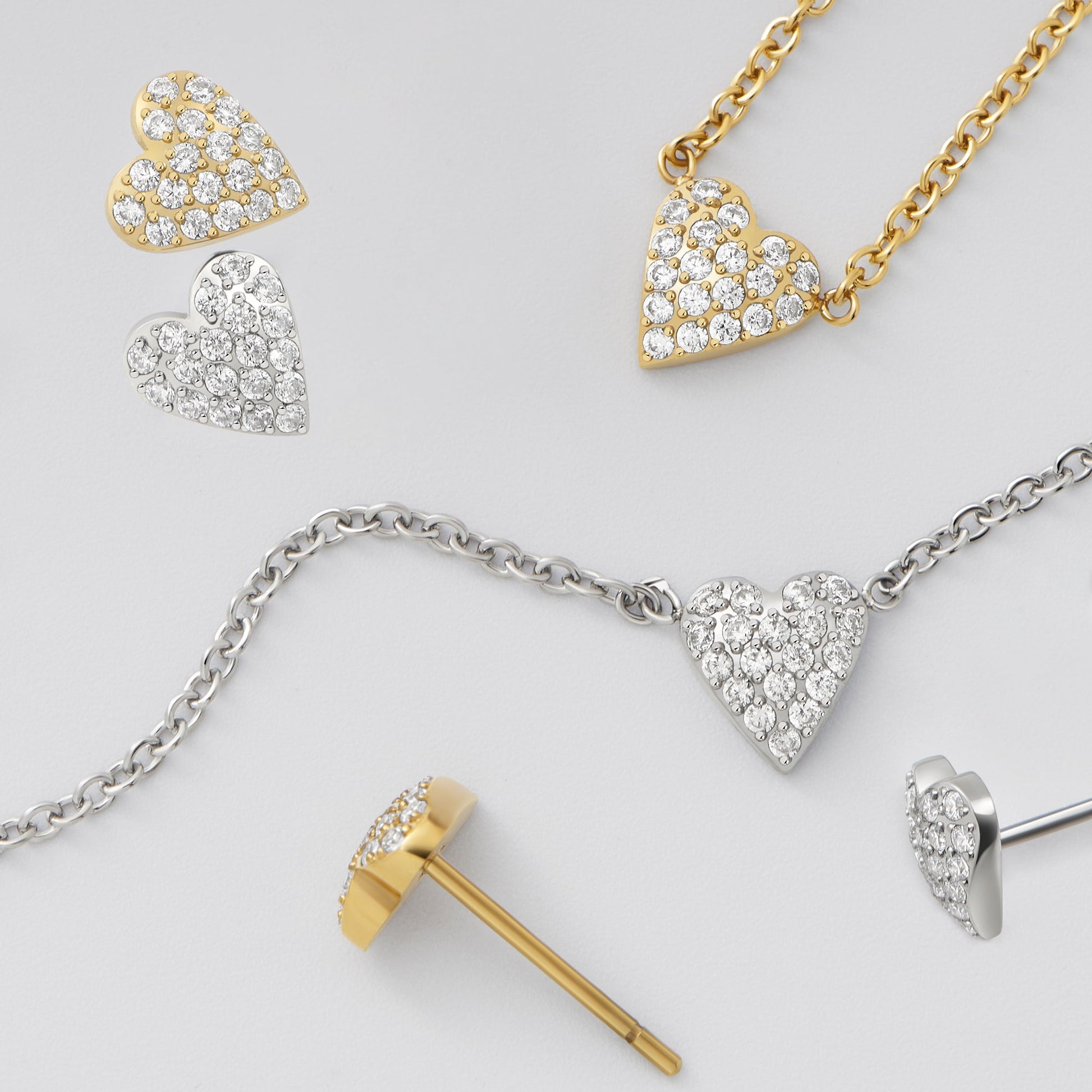 Sustainable set of pavé CZ heart stainless steel pendant necklace stud earrings and bracelet collier pendentif et boucle d'oreilles fixes coeur pavé de zircons acier inoxydable aucune allergie MIAJWL