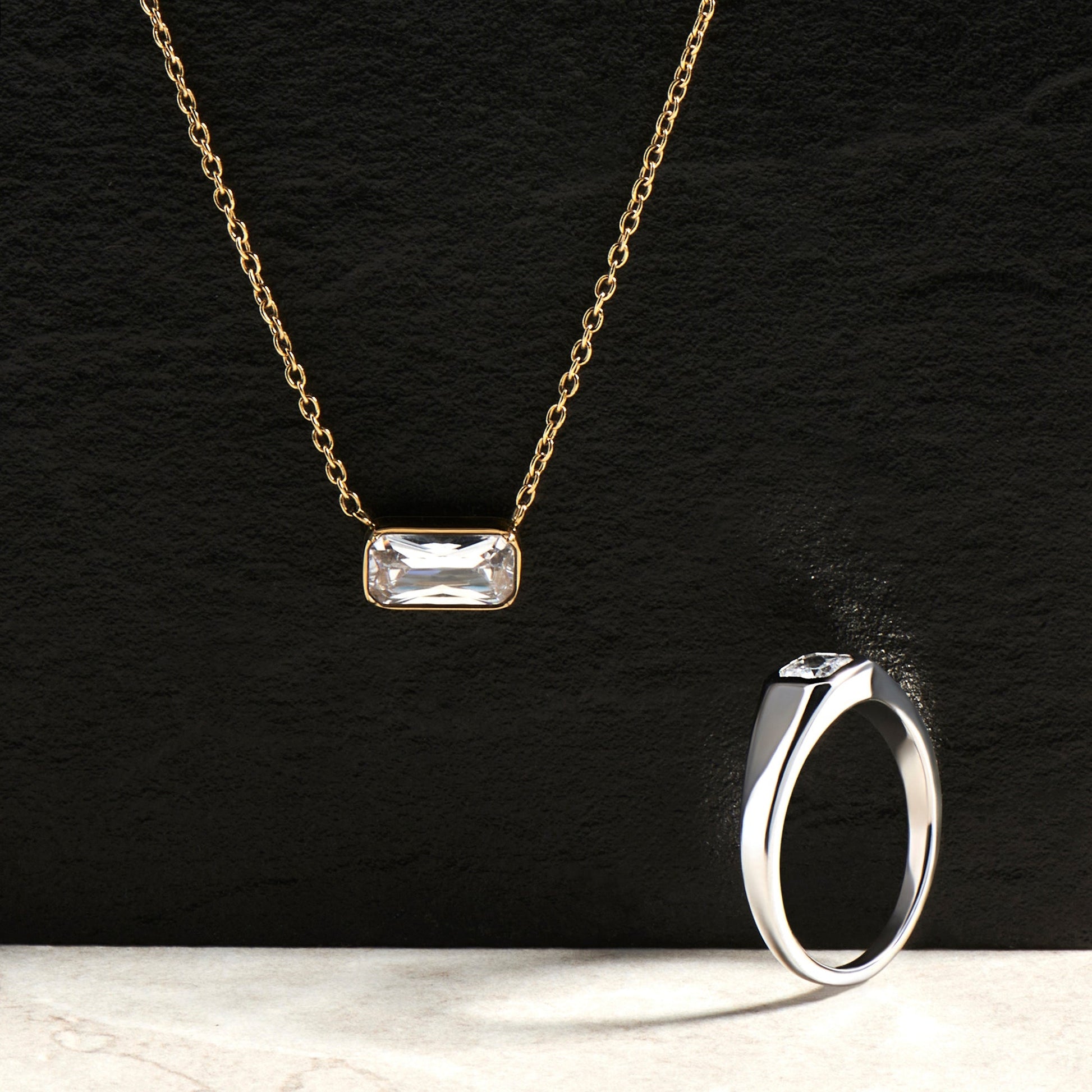 Set of rectangle stone necklace and signet ring with square cz stainless steel MIAJWL pendentif pierre rectangle bague signet avec pierre carré acier inox argent or silver gold Mia Bijoux