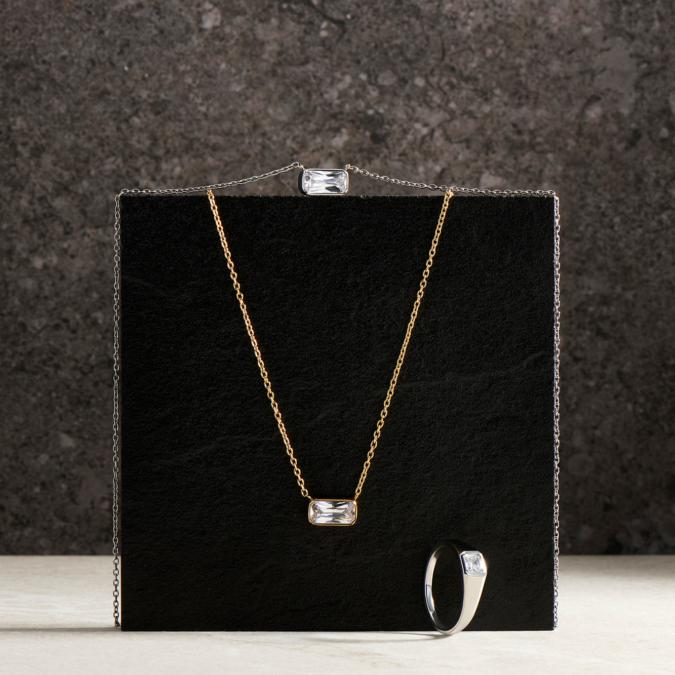 Set of rectangle stone necklace and signet ring with square cz stainless steel MIAJWL pendentif pierre rectangle bague signet avec pierre carré acier inox argent or silver gold Mia Bijoux