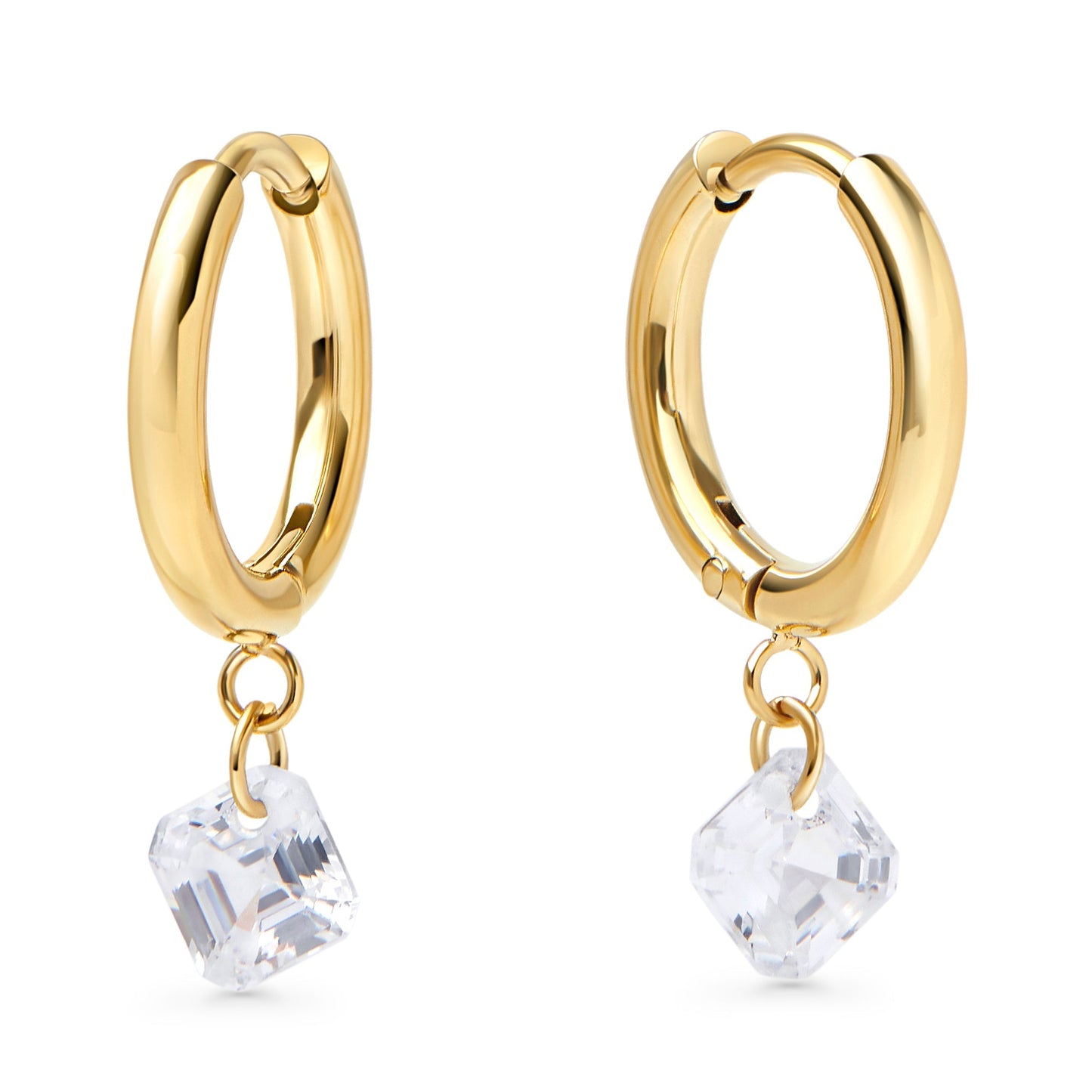 Ecological gold plating stainless steel huggie hoop earrings with pendant square cz no allergy