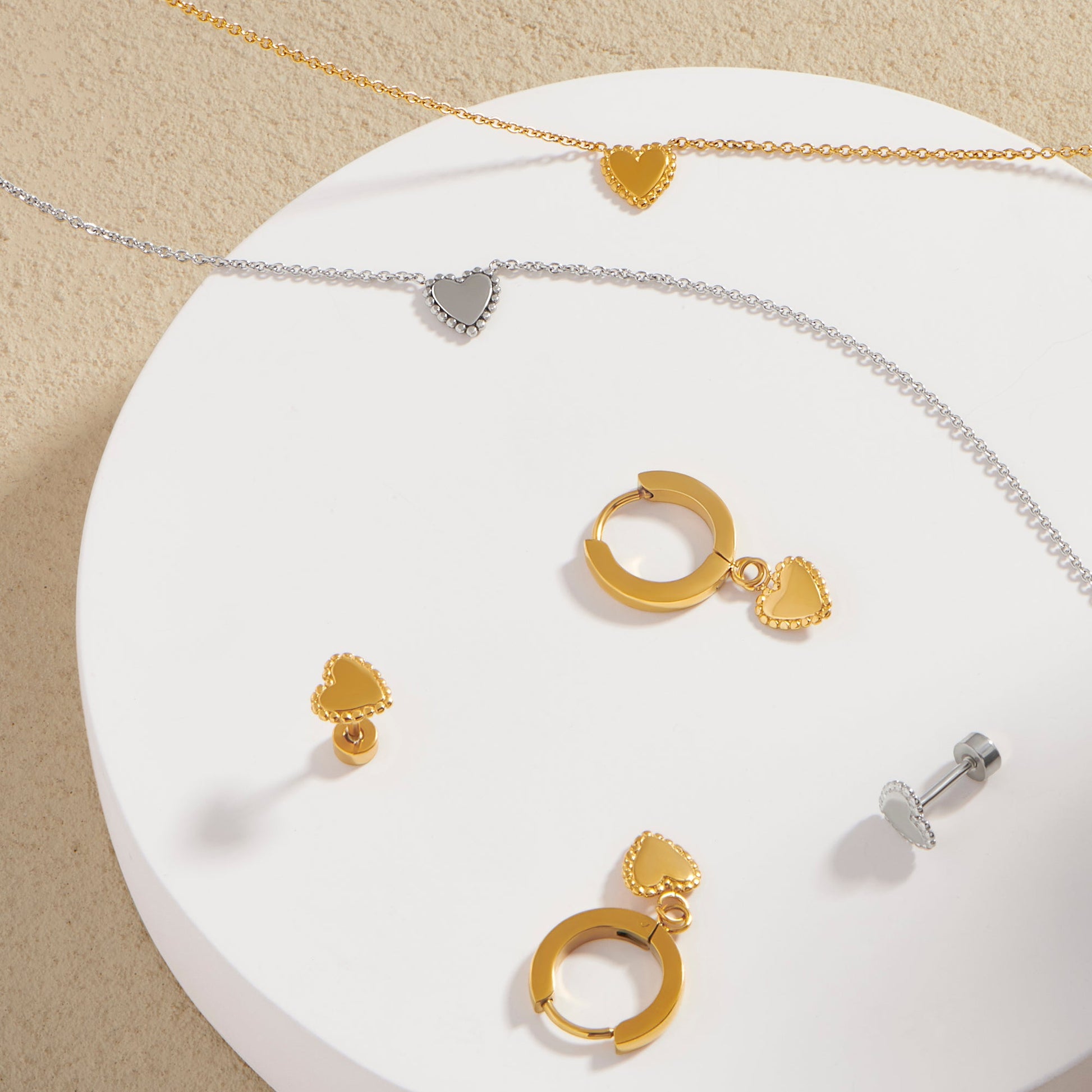 Allergy free stainless steel heart mini beads set of earrings and pendant necklace ensemble boucles d'oreilles et collier pendentif coeur mini billes acier inoxydable aucune allergie or gold argent silver MIAJWL