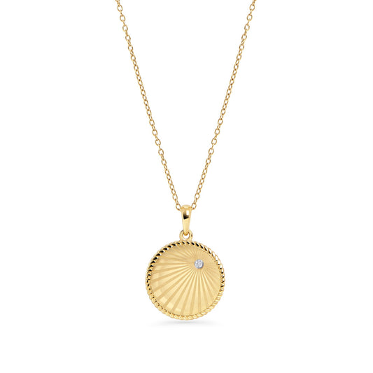 Gold stainless steel long necklace medallion with sun rays and cz safe for skin MIAWJWL Collier long avec médaillon rayons soleil et zircon acier inoxydable doré sans danger pour la peau Mia Bijoux