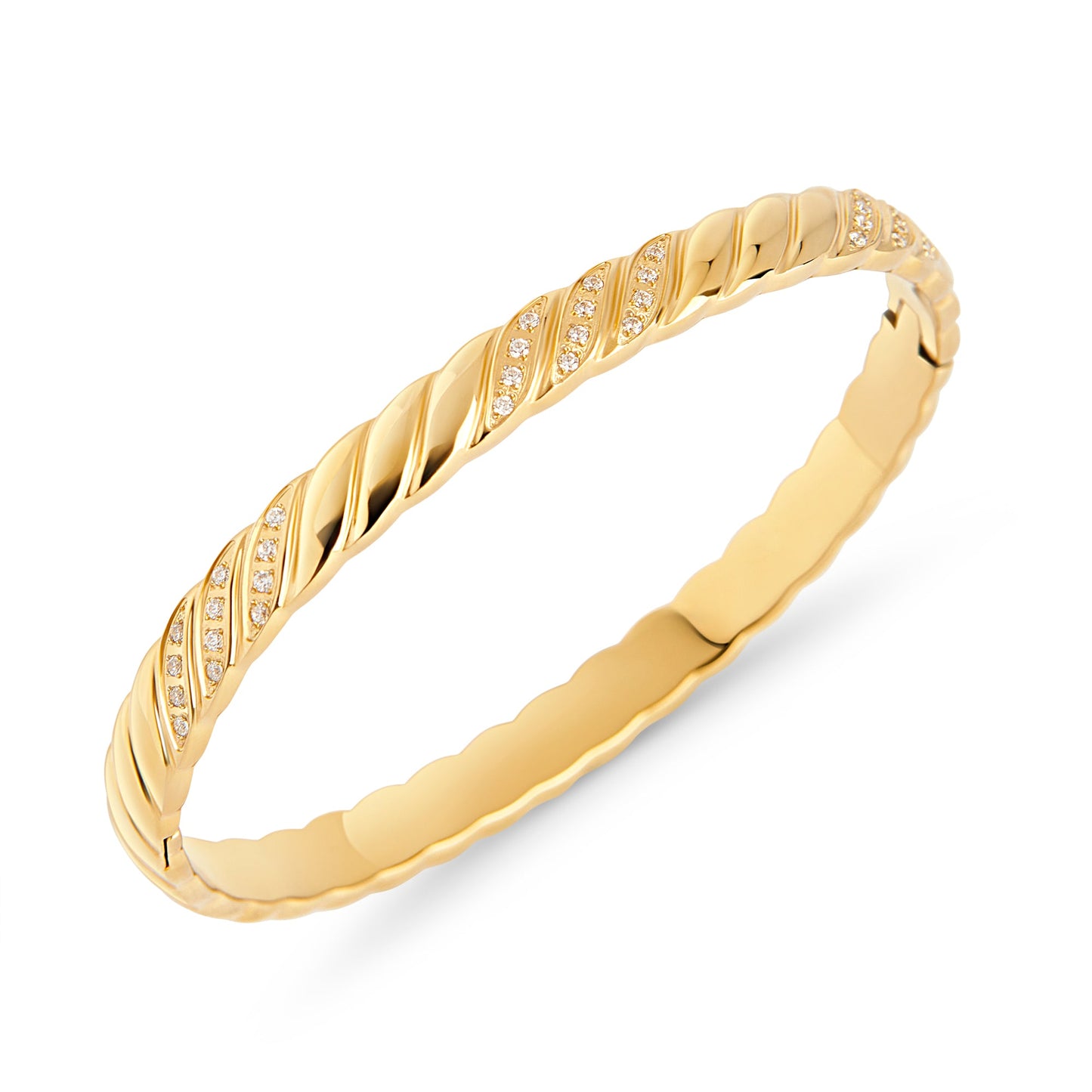 Bracelet rigide torsade acier inoxydable or avec pierres zircons sans danger pour la peau Mia Bijoux