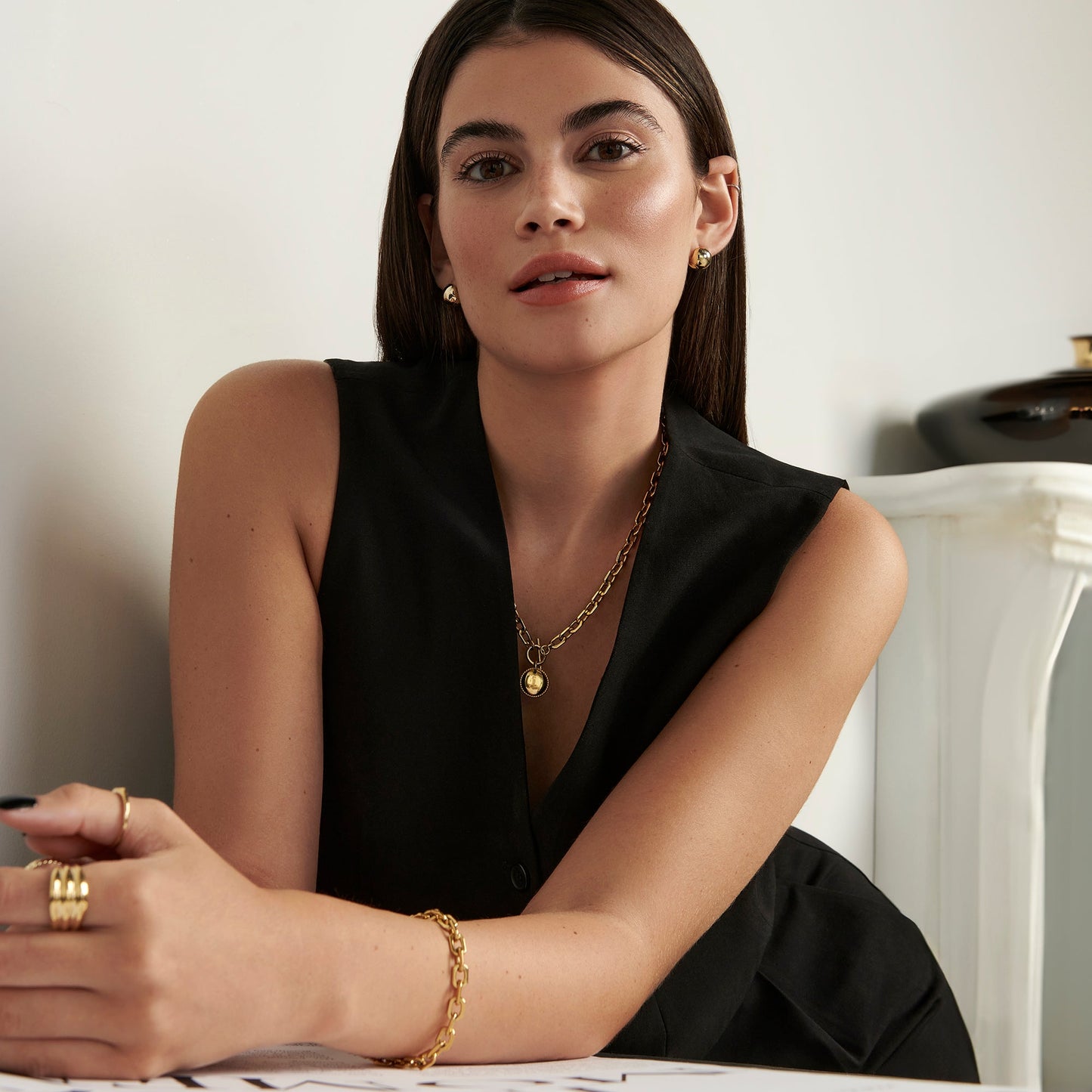 Stainless steel trendy set of rectangle links bracelet and necklace t bar clasp ensemble tendance bracelet et collier mailles rectangles fermoir en t acier inox MIAJWL