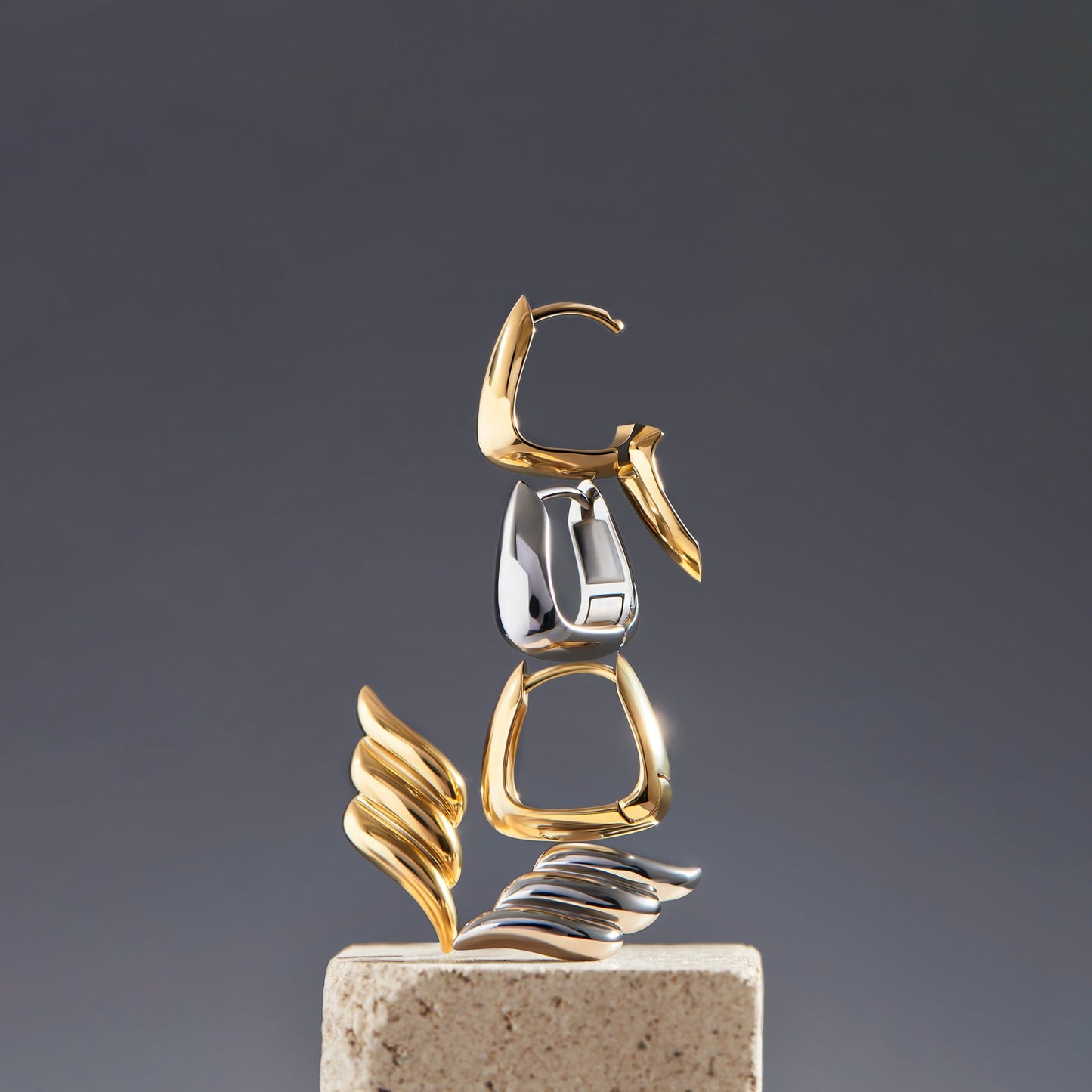 Stainless steel triangle huggie earrings and wings studs boucles d'oreilles dormeuses triangle et triple vague acier inoxydable MIAJWL