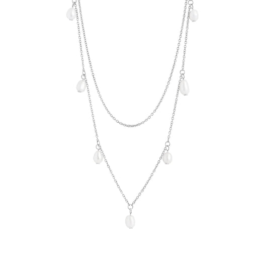 Stainless steel two chains dangle real freshwater pearls necklace safe for skin MIAJWL