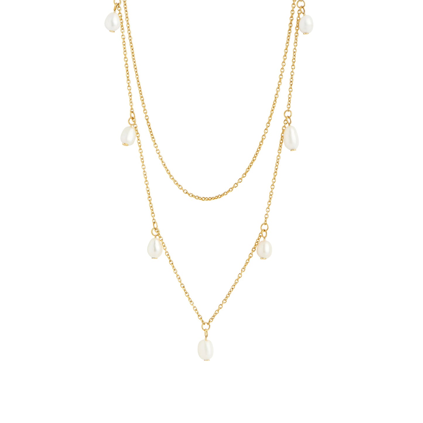 Collier acier inoxydable or deux chaînes vraies perles pendantes sans danger pour la peau Mia Bijoux