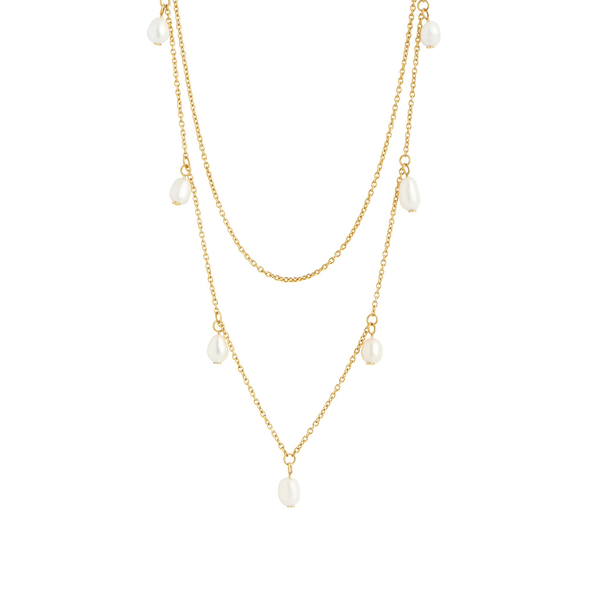 Collier acier inoxydable or deux chaînes vraies perles pendantes sans danger pour la peau Mia Bijoux