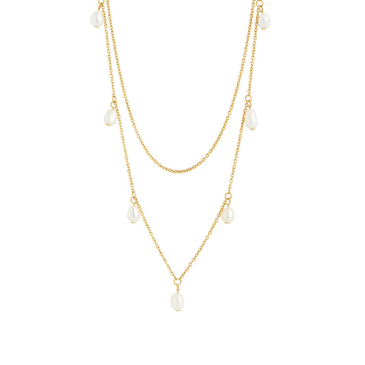 Collier acier inoxydable or deux chaînes vraies perles pendantes sans danger pour la peau Mia Bijoux