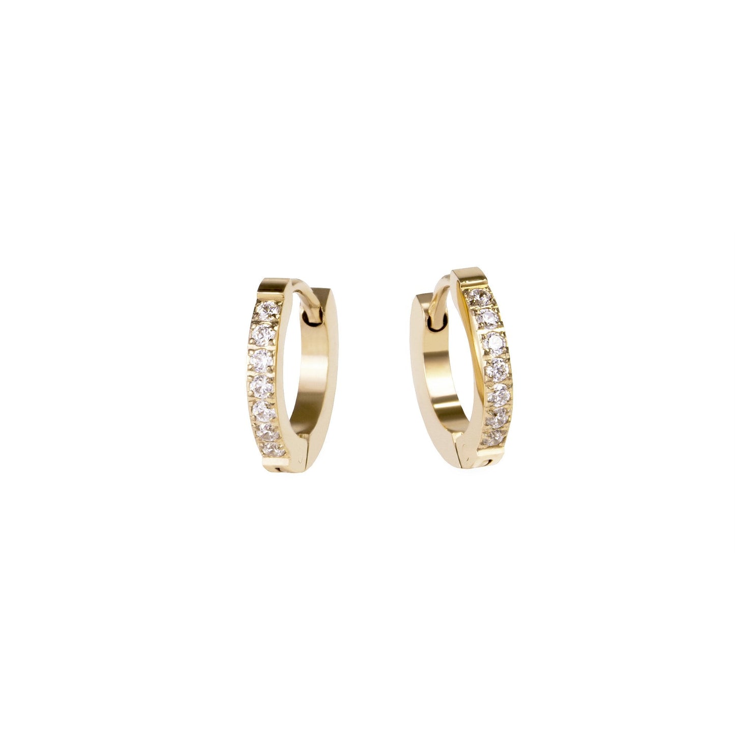 Skin friendly small gold stainless steel half eternity classic huggie earrings with stones MIAJWL petites boucles d'oreilles éternité classiques avec pierres acier inoxydable or sécuritaire pour la peau Mia Bijoux