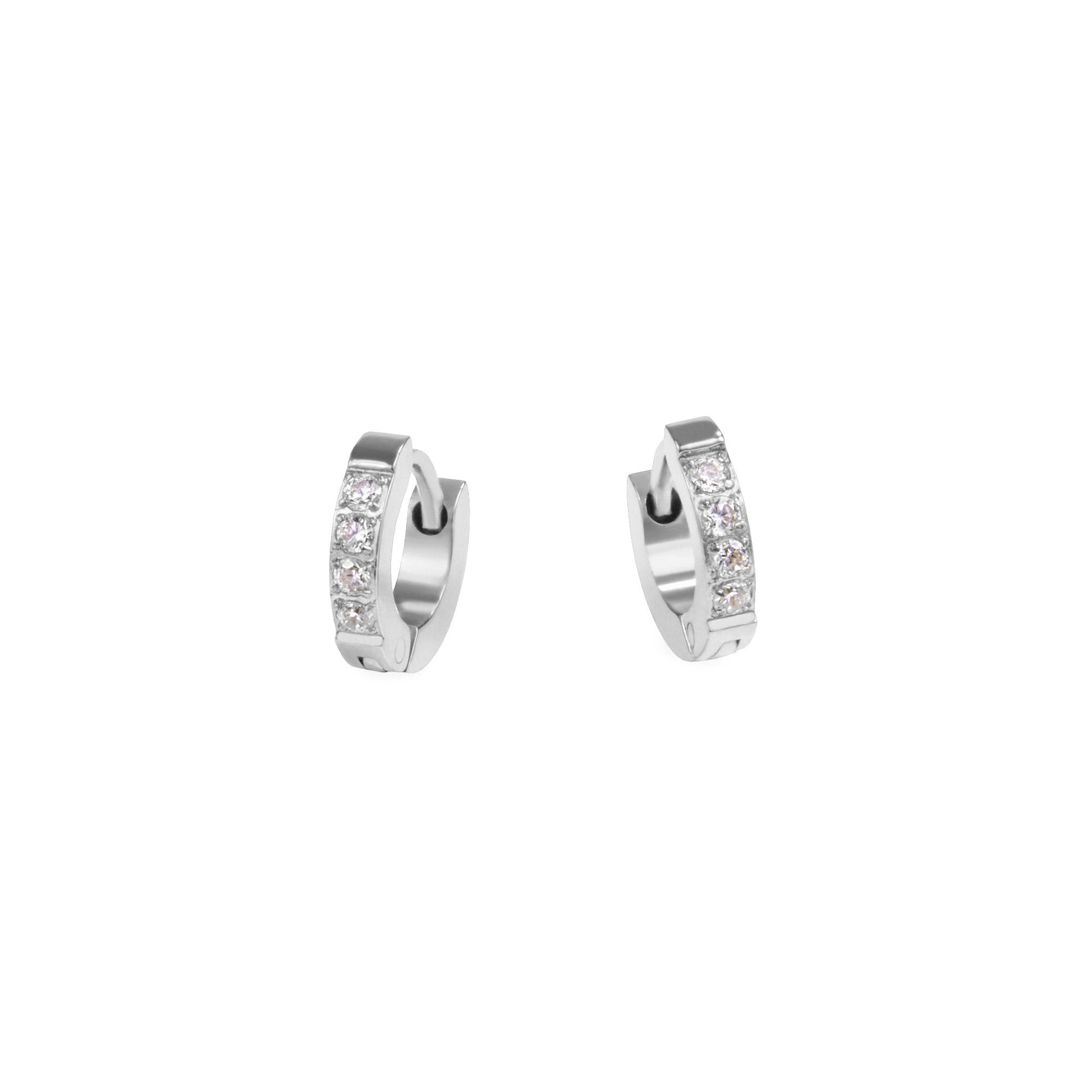 silver waterproof stainless steel xs half eternity huggie earrings with stones MIAJWL Petites boucles d'oreilles dormeuses éternité avec pierres acier inoxydable argent à l'épreuve de l'eau Mia Bijoux