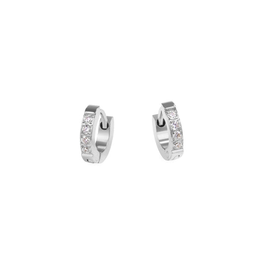 silver waterproof stainless steel xs half eternity huggie earrings with stones MIAJWL Petites boucles d'oreilles dormeuses éternité avec pierres acier inoxydable argent à l'épreuve de l'eau Mia Bijoux