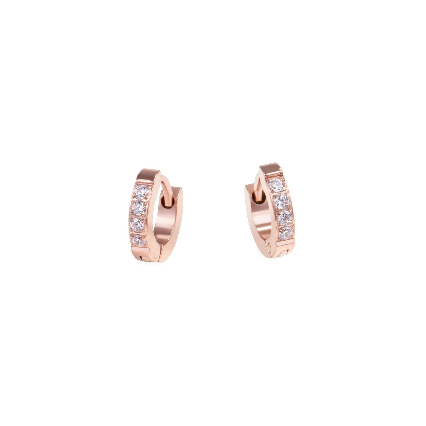 stainless steel xs half eternity rose gold huggie earrings hypoallergenic suit kids MIAJWL petites boucles d'oreilles dormeuse semi-éternité or rose pierres acier inoxydable hypoallergénique convient aux enfants Mia Bijoux