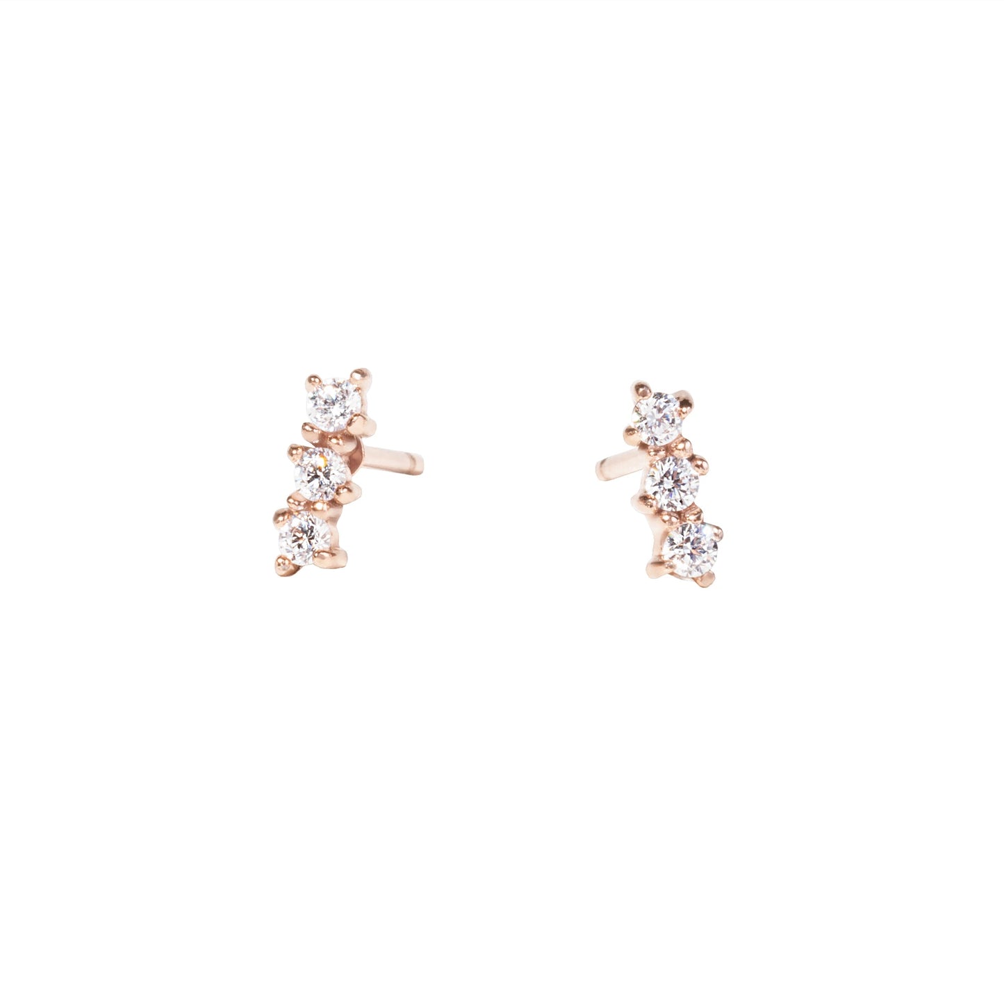  Minimal Rose Gold 3 stones stud earrings, Boucles d'oreilles or rose minimales 3 pierres 