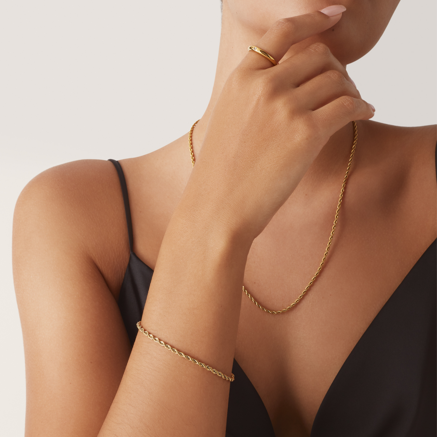 Gold ring with stone and twisted rope chain necklace and bracelet stainless steel MIA JWL