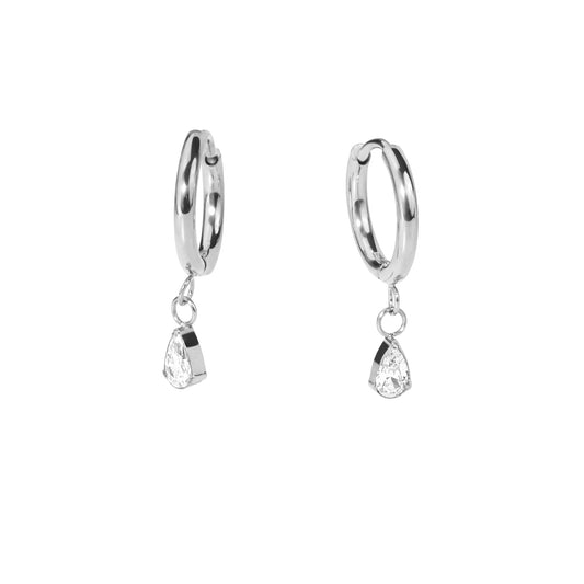 Stainless steel chic silver hoop earrings with pear pendant stones you can sleep with and safe for sensitive ears MIAJWL